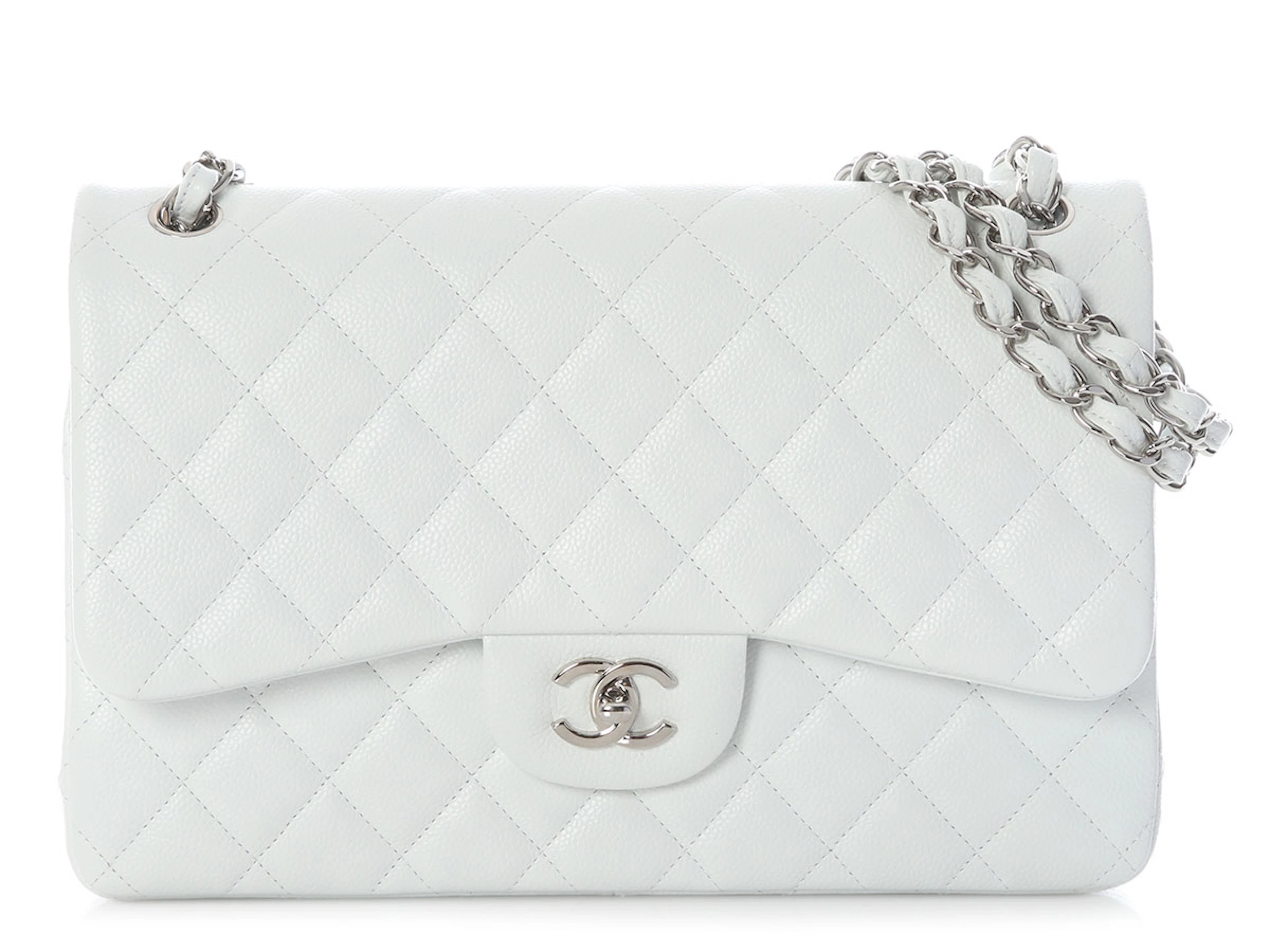 White Quilted Caviar Jumbo Classic Double Flap Bag Silver Hardware, 2014