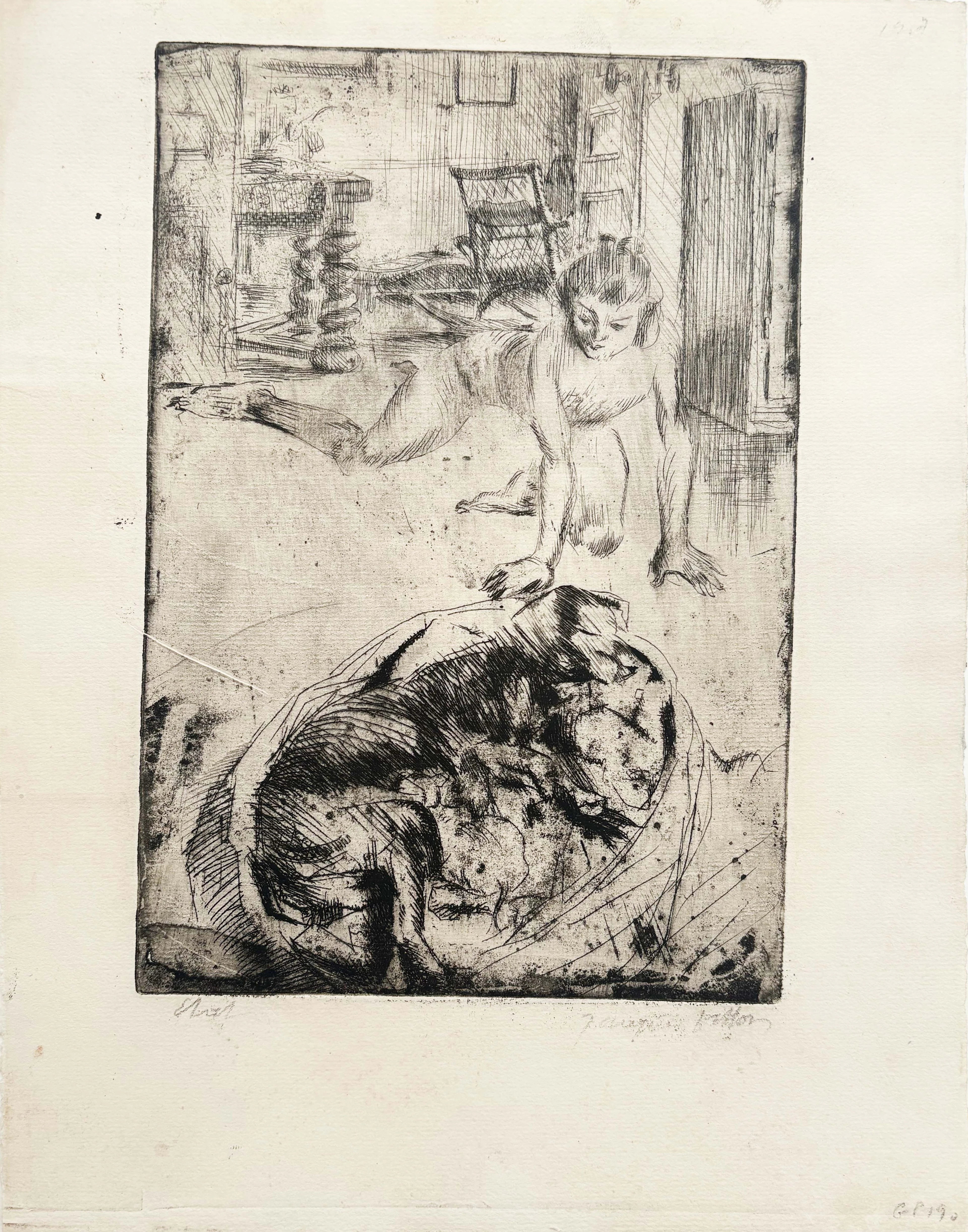 Minne Playing with a Dog in a Basket | Minne Jouant avec un Chien