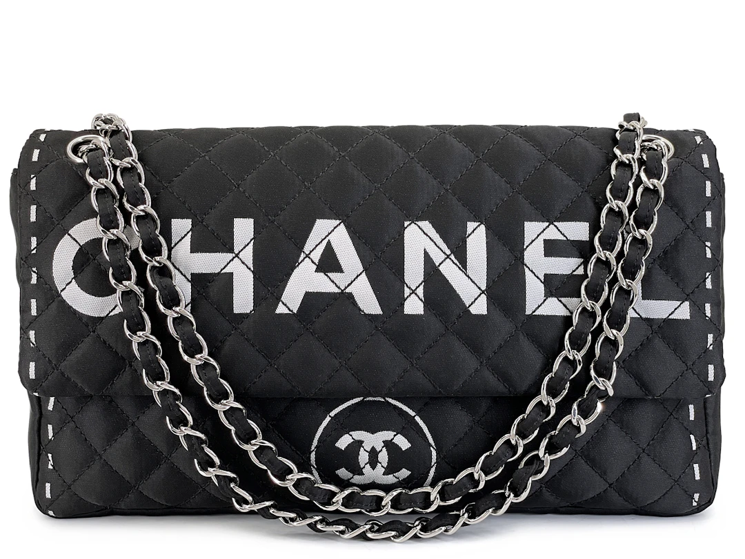 Black and White Quilted Nylon Printed Logomania Flap Bag Silver Hardware, 2008