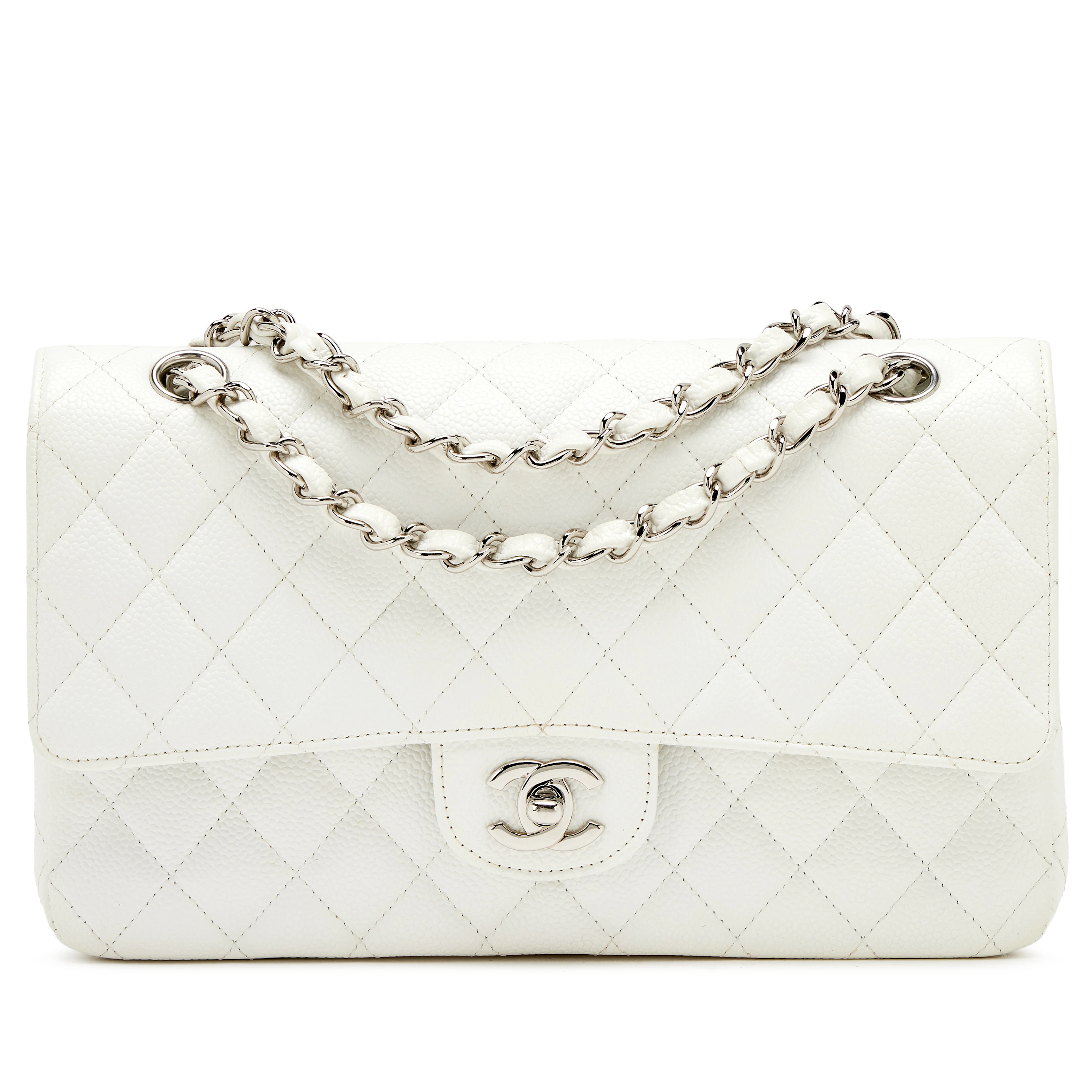 White Quilted Caviar Medium Classic Double Flap Bag Silver Hardware, 2006-2008