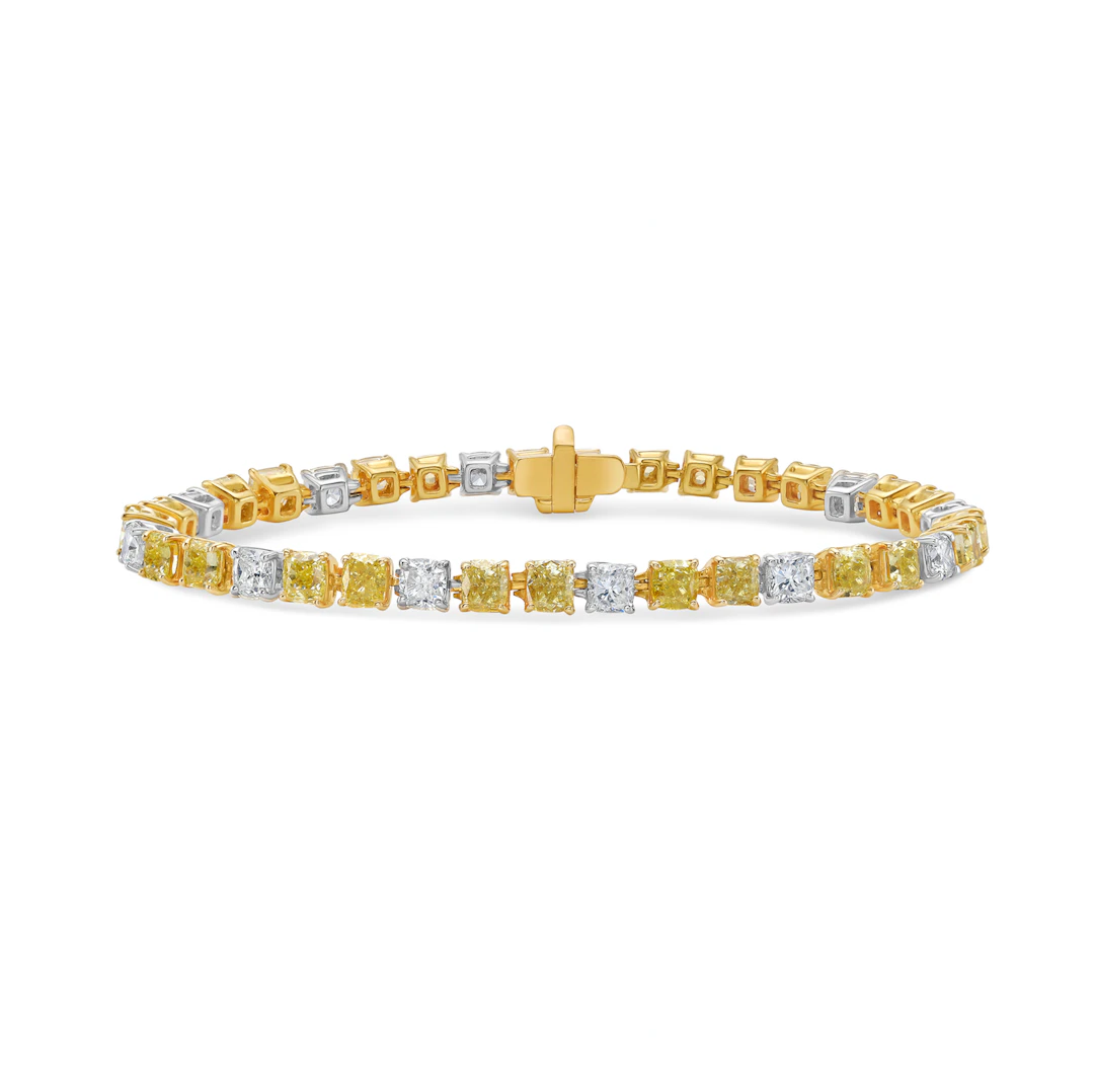 White Gold, Gold, 8.60ctw Cushion Cut Yellow Diamond and Diamond Tennis