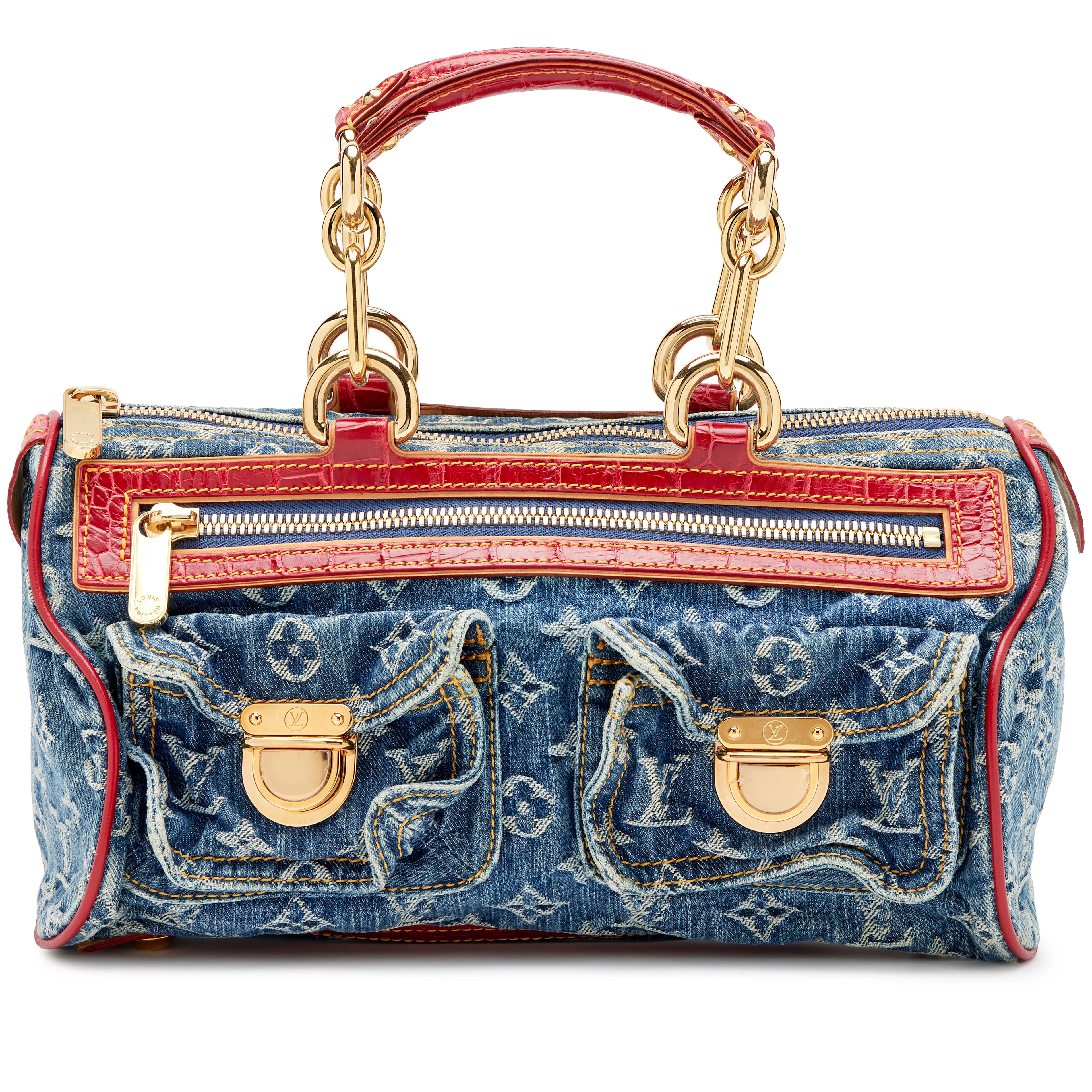 Blue Monogram Denim and Red Alligator Neo Speedy Bag Gold Hardware, 2005