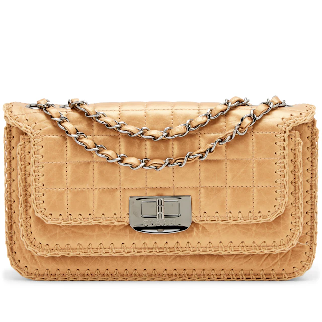 Metallic Gold Calfskin Mademoiselle Lock Whipstitch Flap Bag Ruthenium