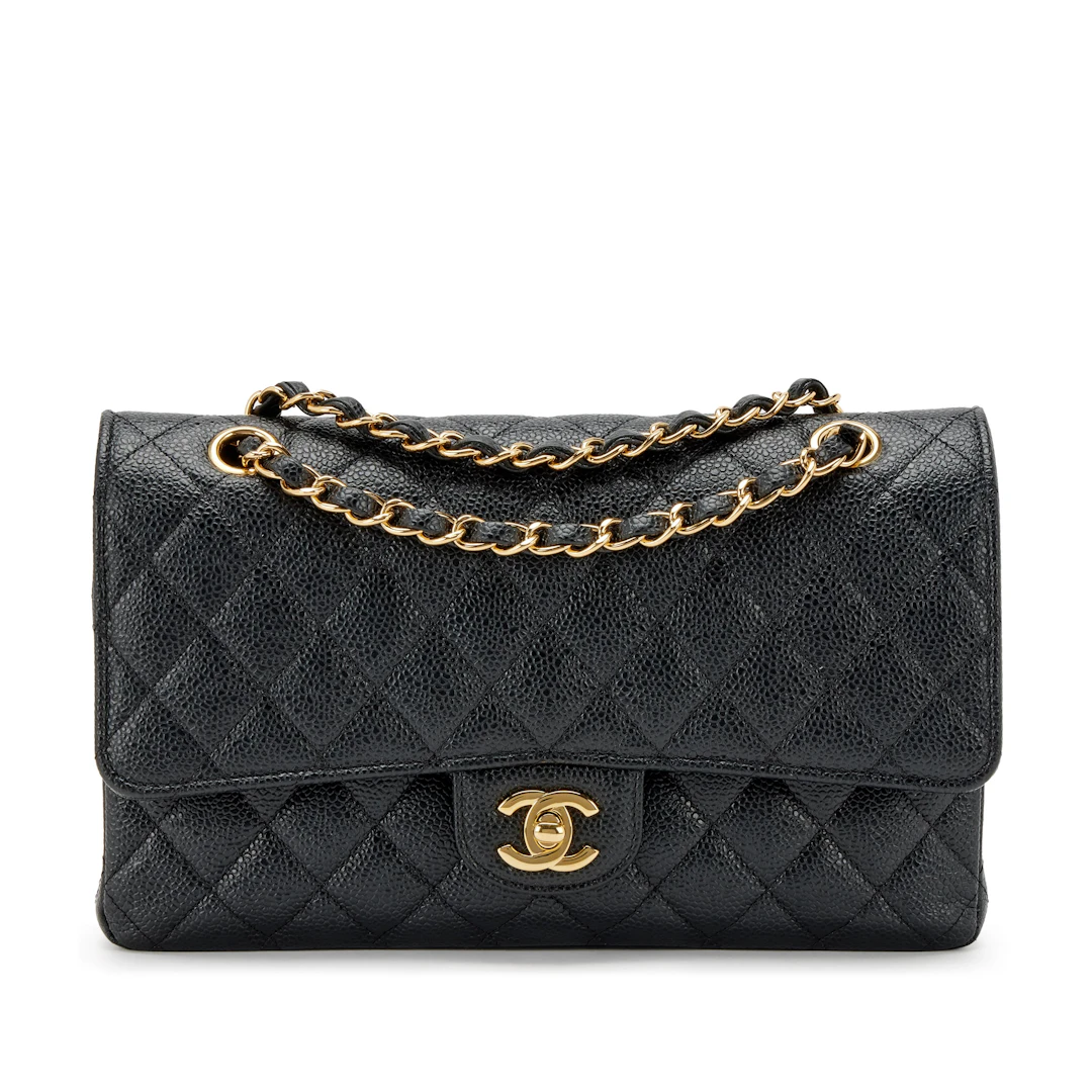 Black Quilted Caviar Medium Classic Double Flap Gold Hardware, 2022