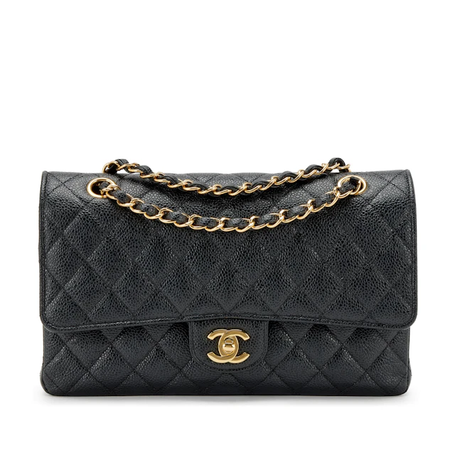 Black Quilted Caviar Medium Classic Double Flap Gold Hardware, 2022
