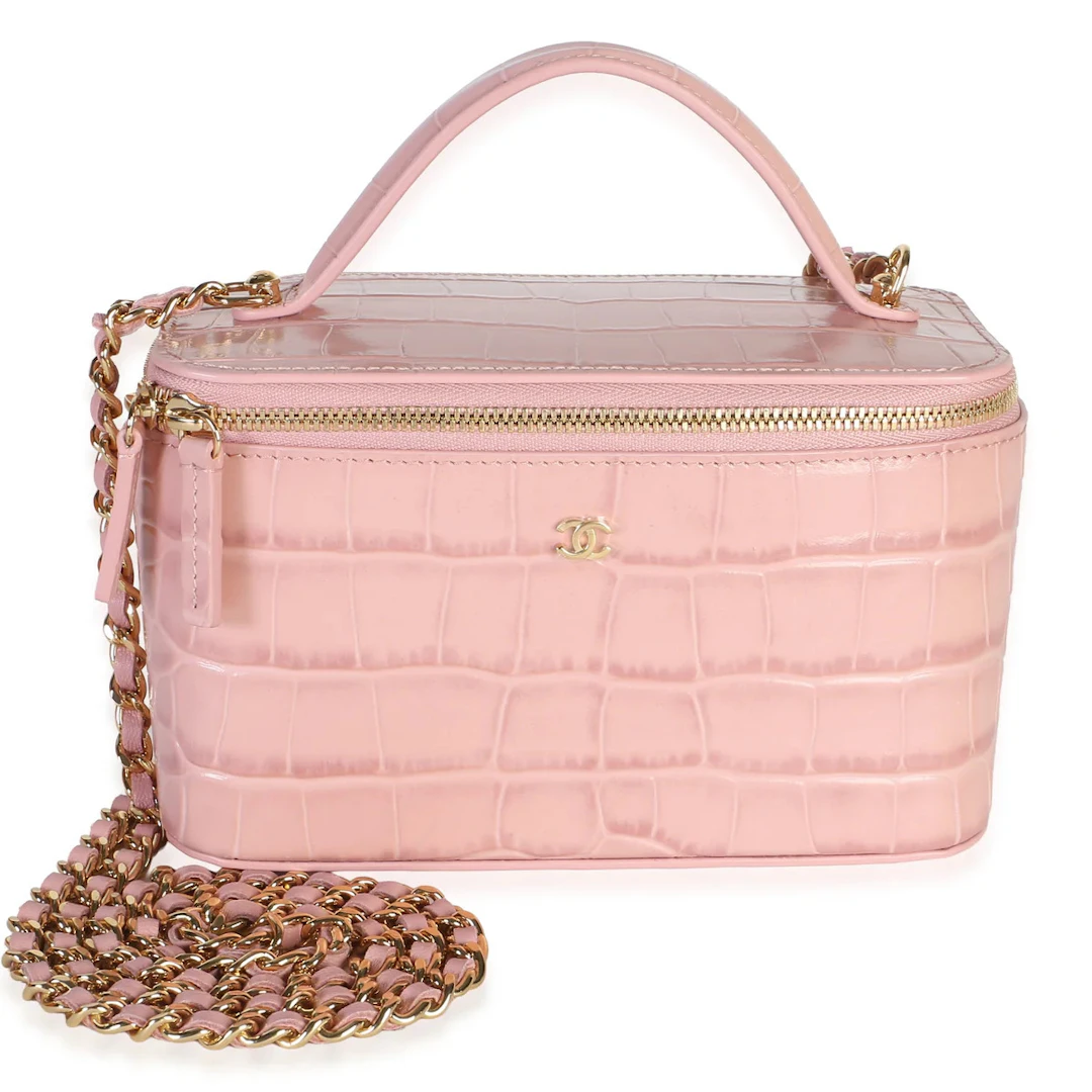 Light Pink Calfskin Embossed Crocodile Small Top Handle Vanity Case
