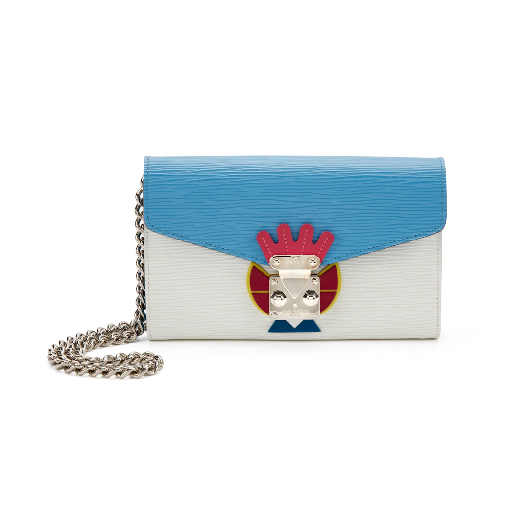 Blue and White Epi Tribal Mask Chain Wallet Silver Hardware, 2014