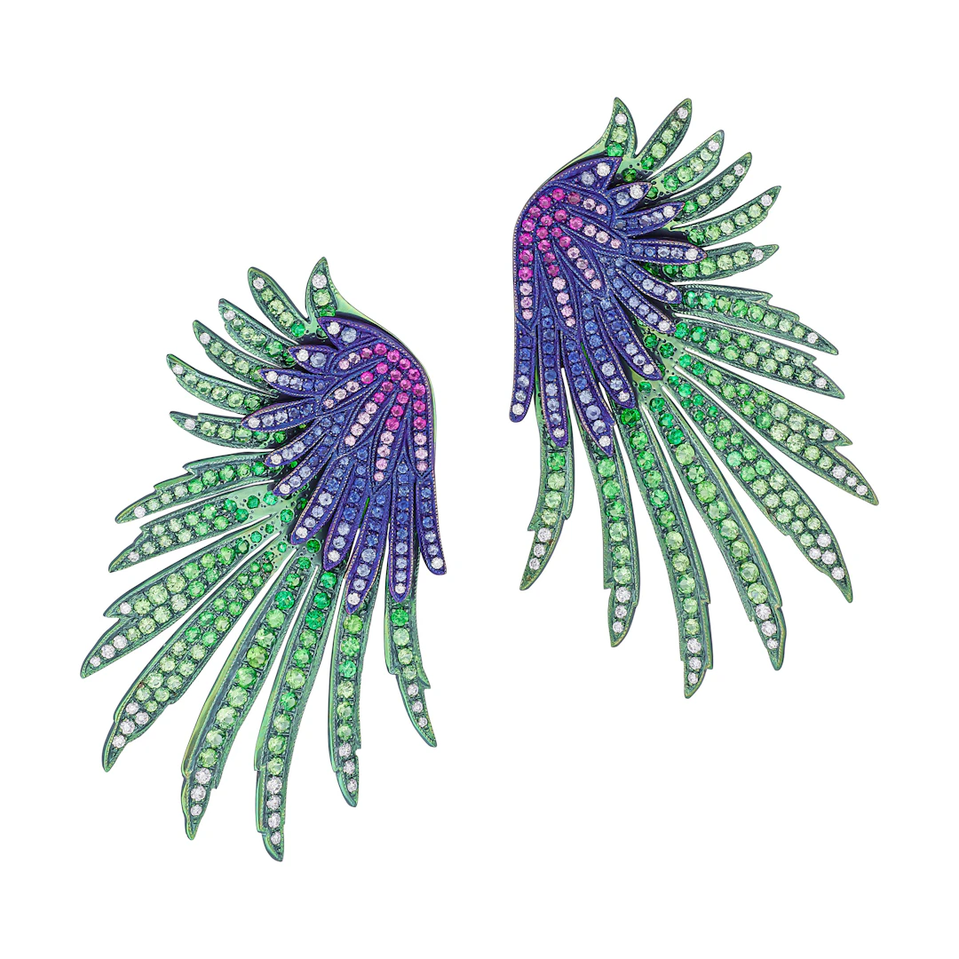 Titanium, Gold, Sapphire, Tsavorite Garnet and Diamond Wing of Dignity Earrings