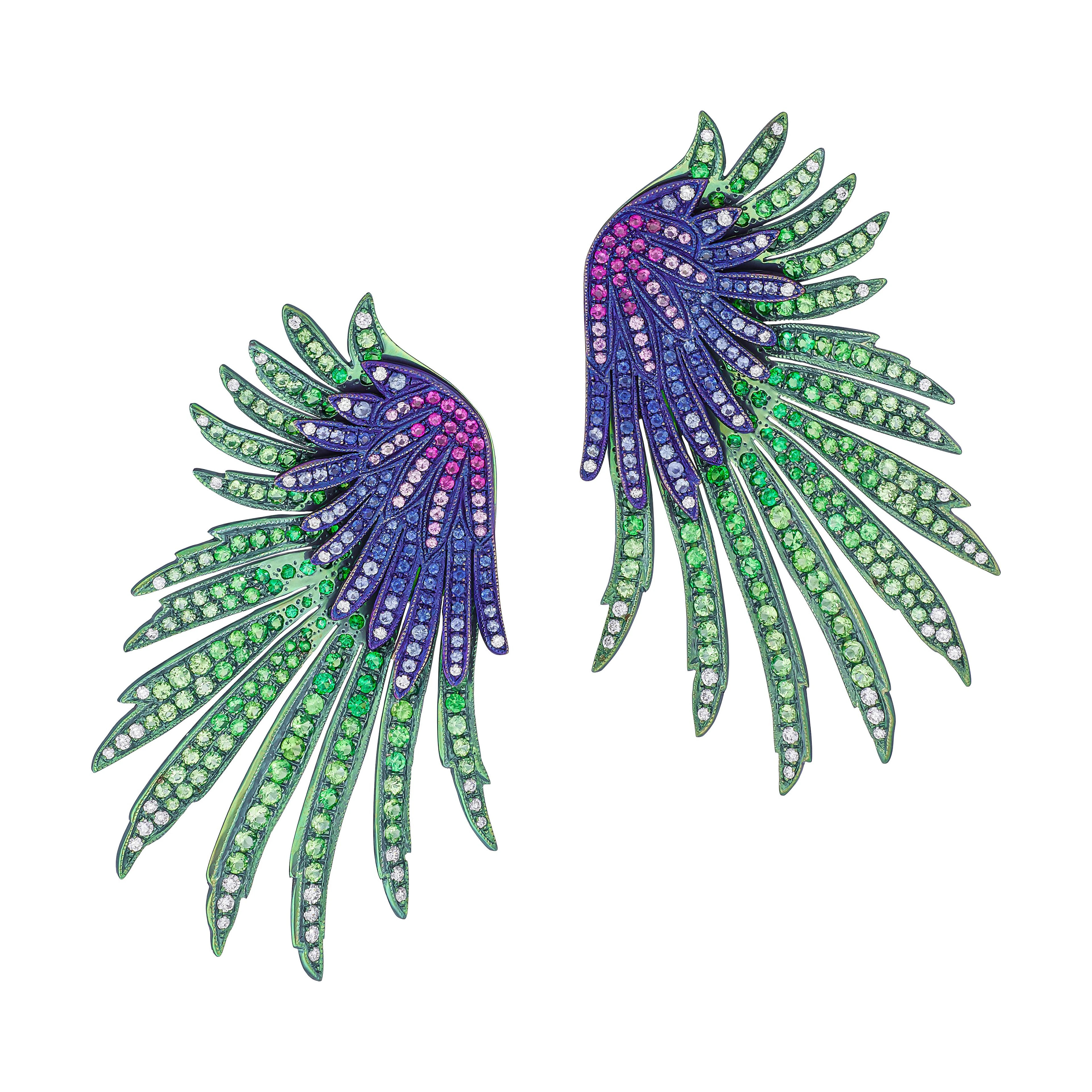 Titanium, Gold, Sapphire, Tsavorite Garnet and Diamond Wing of Dignity Earrings