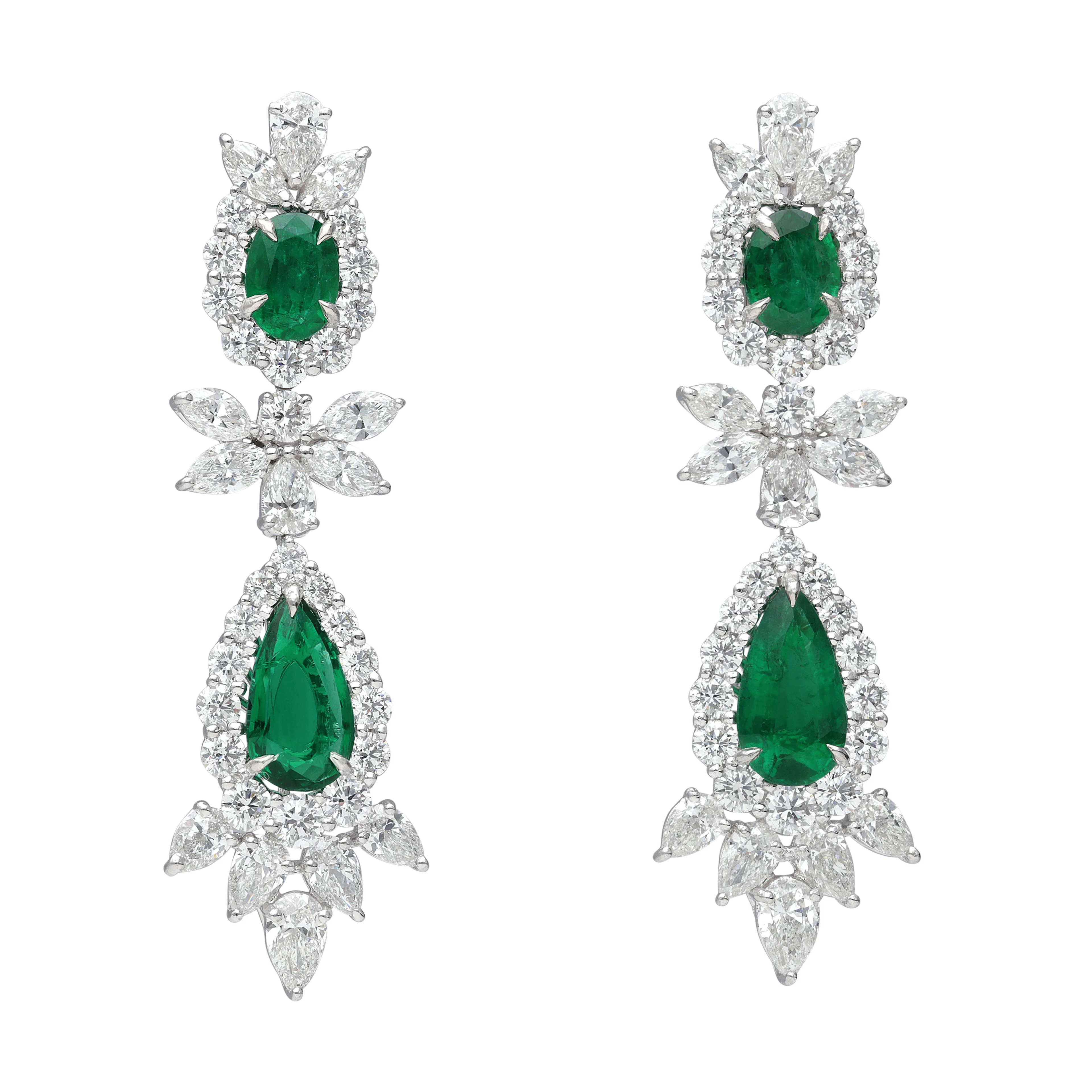 Platinum, 12.36ctw Zambian Emerald and Diamond Earrings
