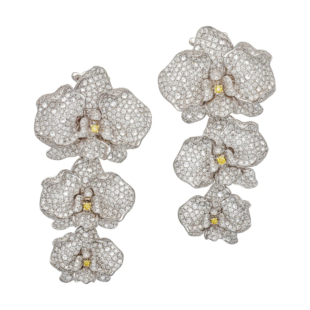 White Gold, Yellow Diamond and Diamond Orchid Earclips