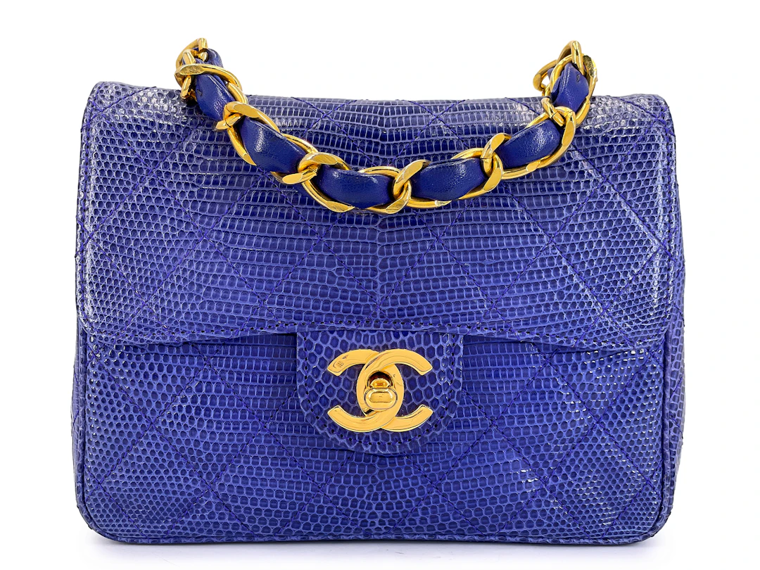 Vintage Royal Blue Lizard Square Mini Flap Bag Gold Hardware, 1989-1991