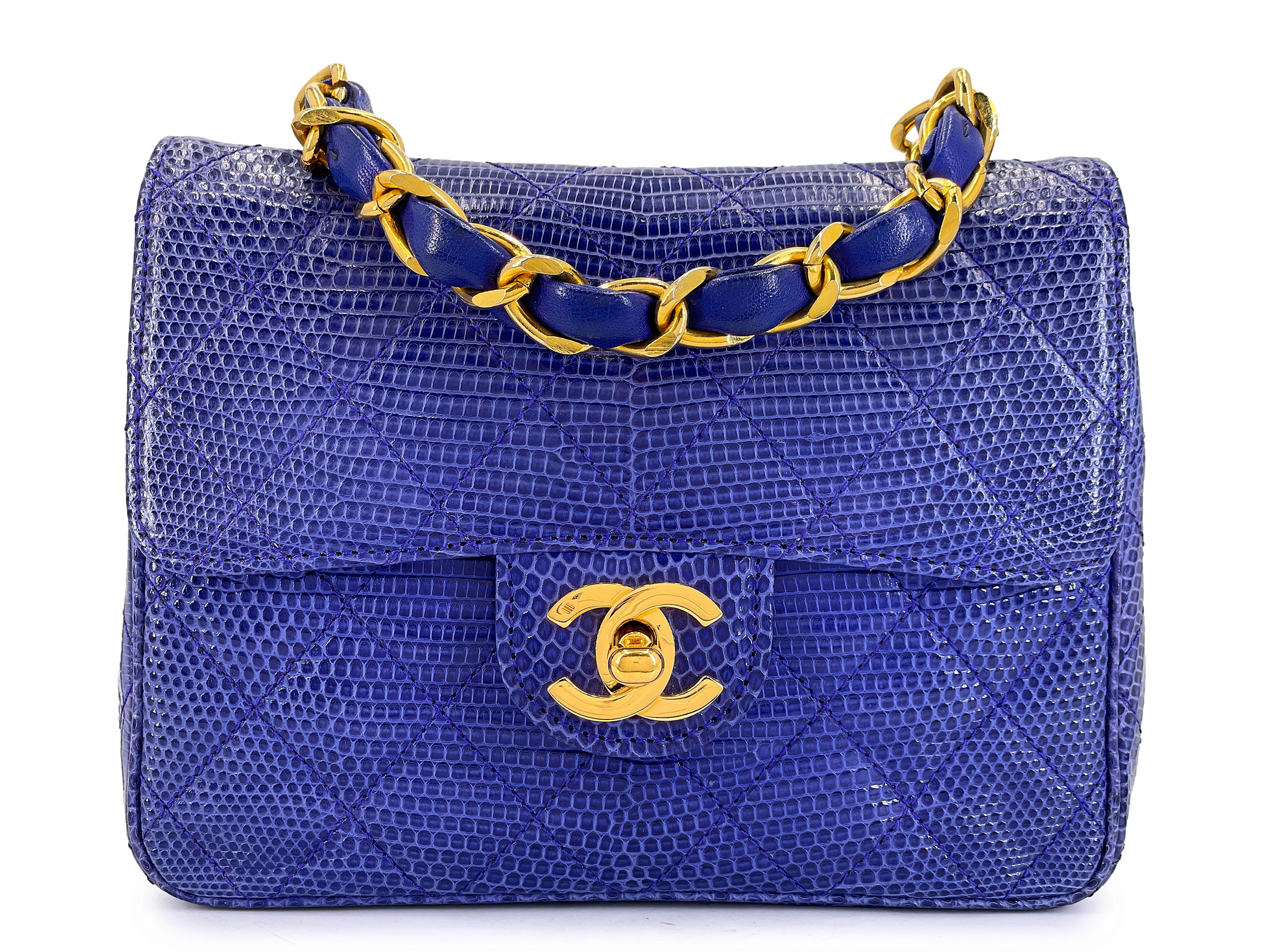 Vintage Royal Blue Lizard Square Mini Flap Bag Gold Hardware, 1989-1991