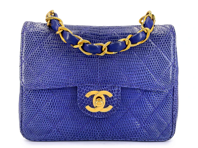 Vintage Royal Blue Lizard Square Mini Flap Bag Gold Hardware, 1989-1991