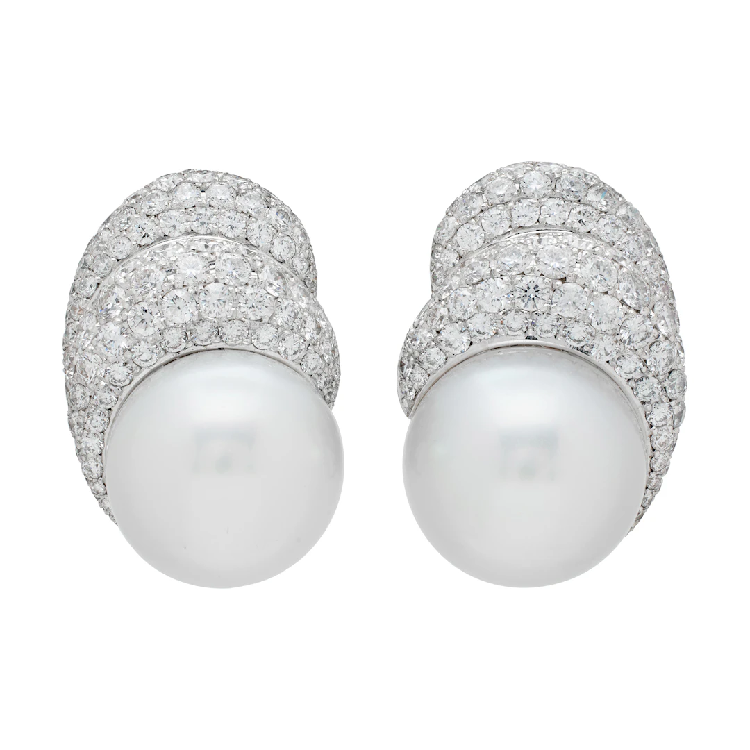 White Gold, Cultured Pearl and Diamond Earclips