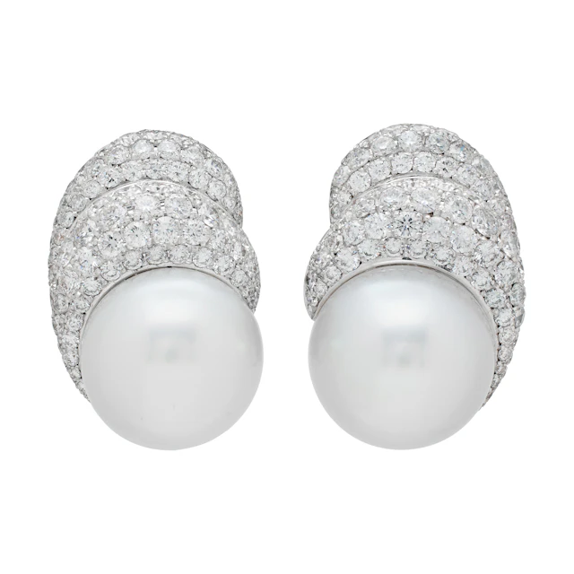 White Gold, Cultured Pearl and Diamond Earclips