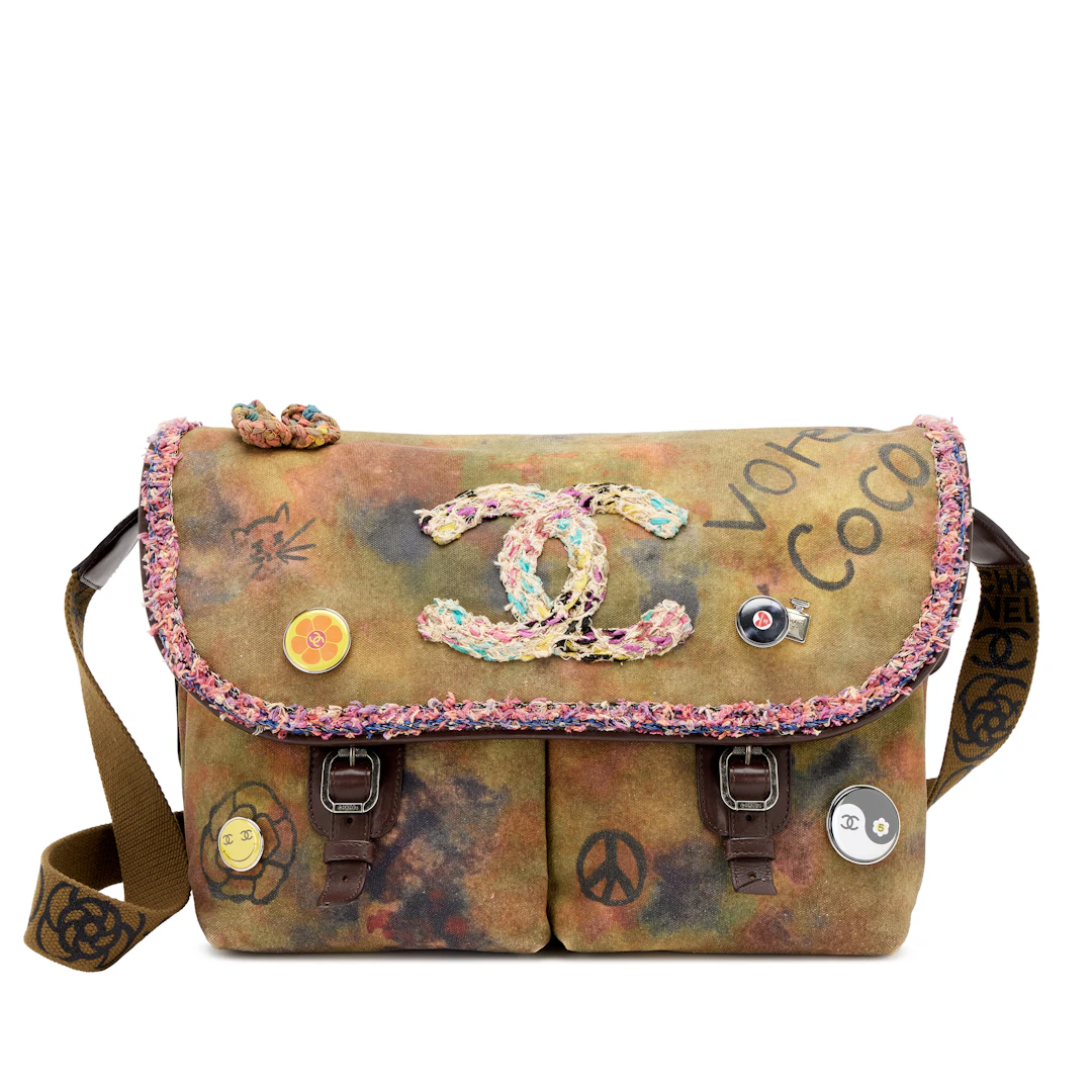 Multicolor Graffiti Tweed and Khaki Toile On The Pavement Large Messenger