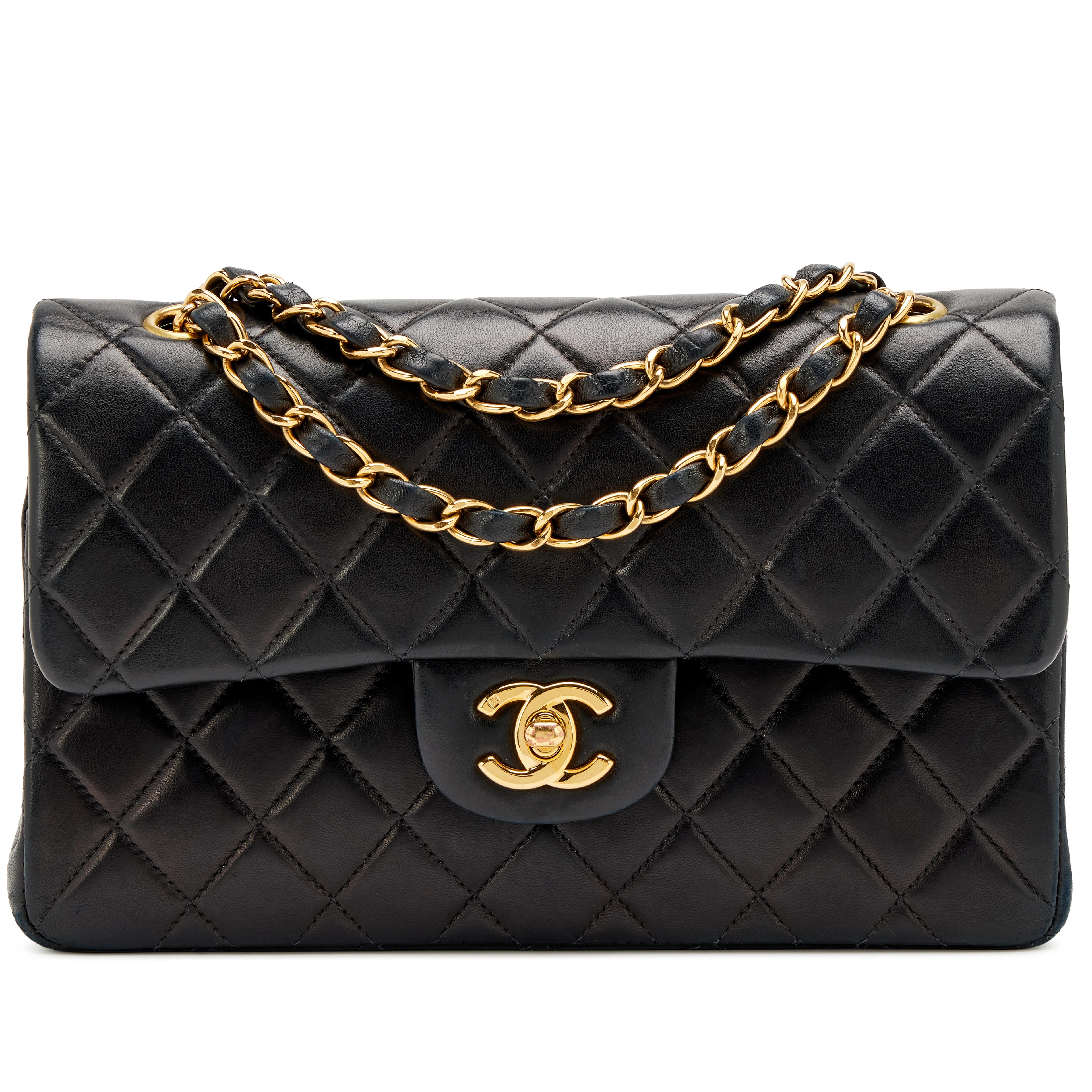 Vintage Black Quilted Lambskin Small Classic Double Flap Bag Gold