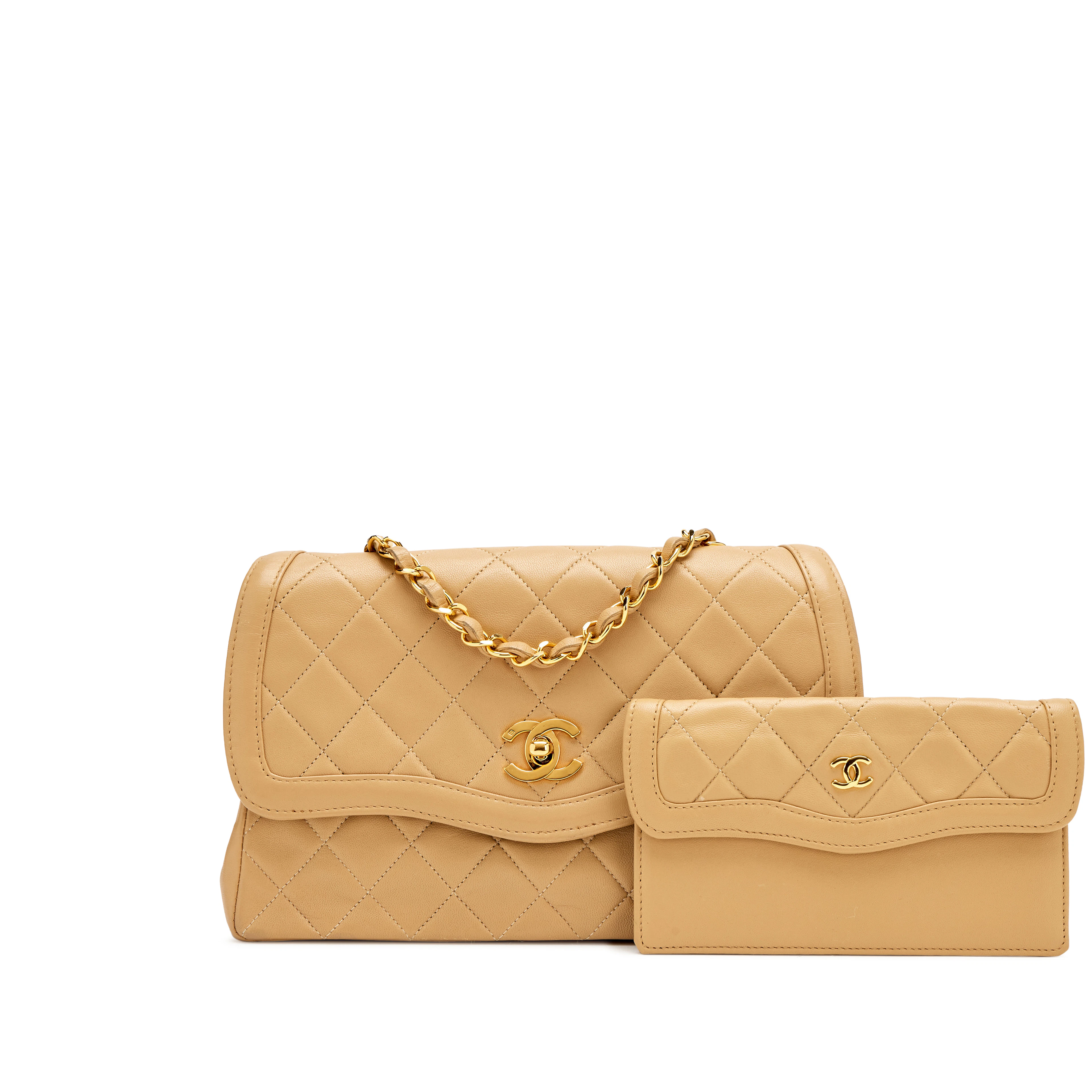 Vintage Beige Quilted Lambskin Medium Border Curved Flap Bag with