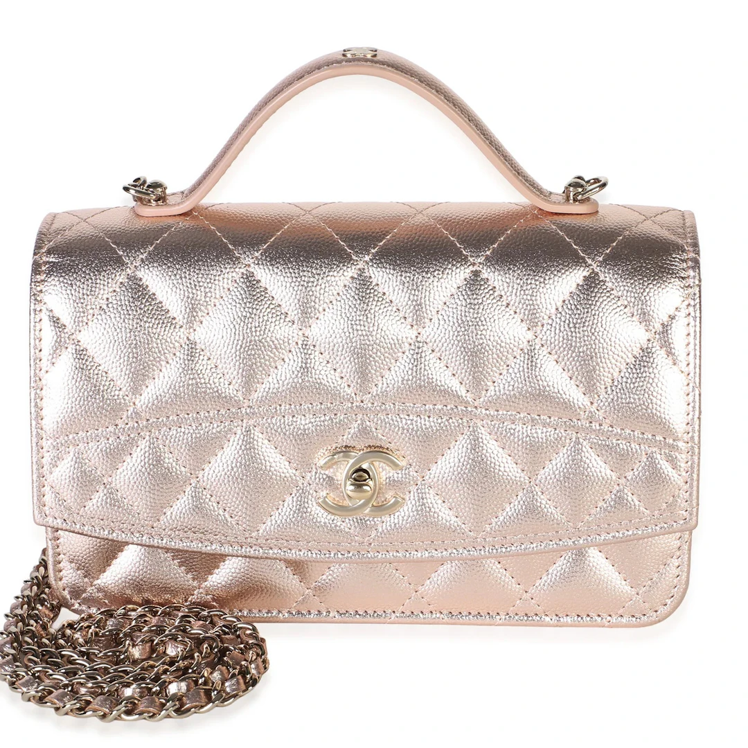 Metallic Shiny Quilted Caviar Top Handle Wallet on Chain WOC Light