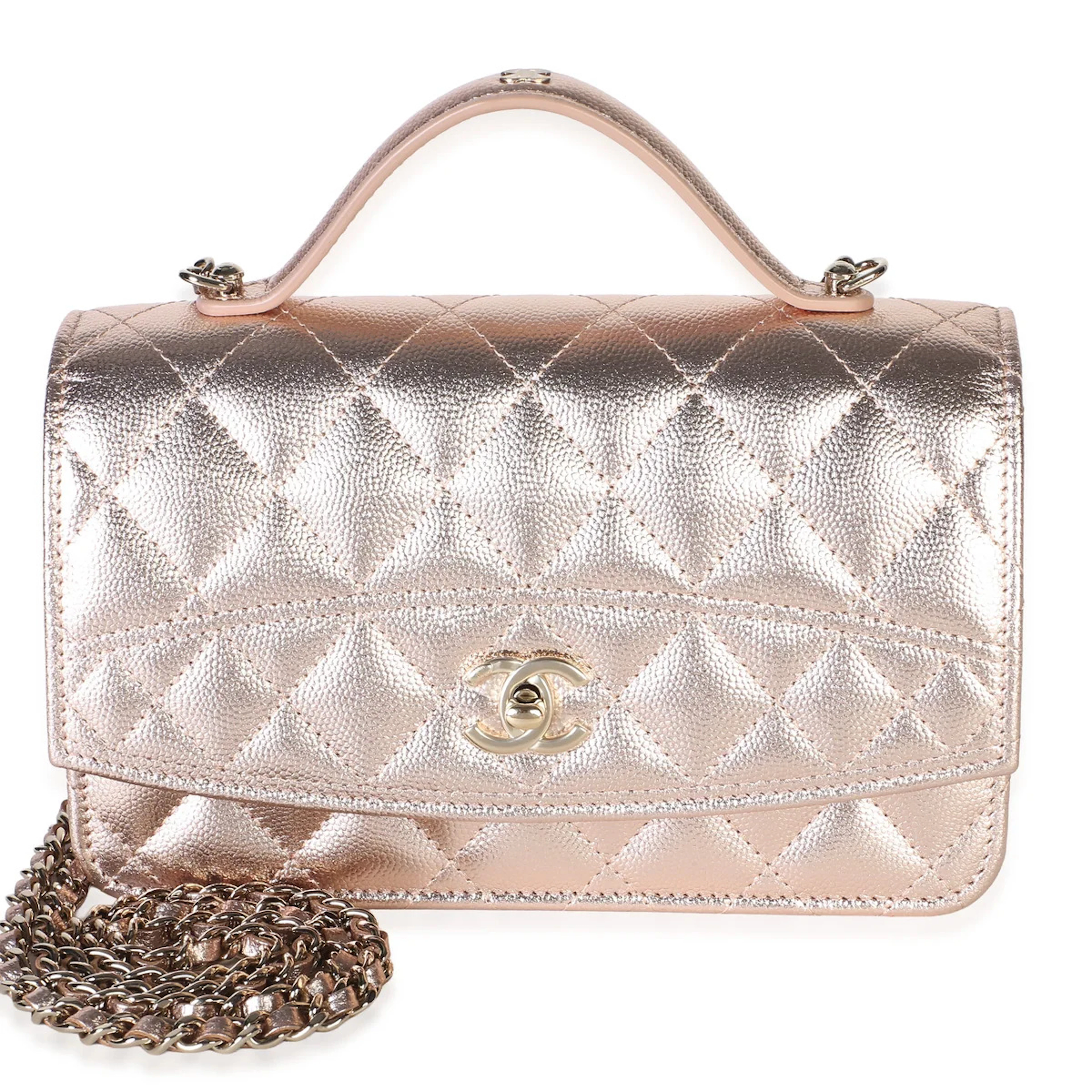 Metallic Shiny Quilted Caviar Top Handle Wallet on Chain WOC Light