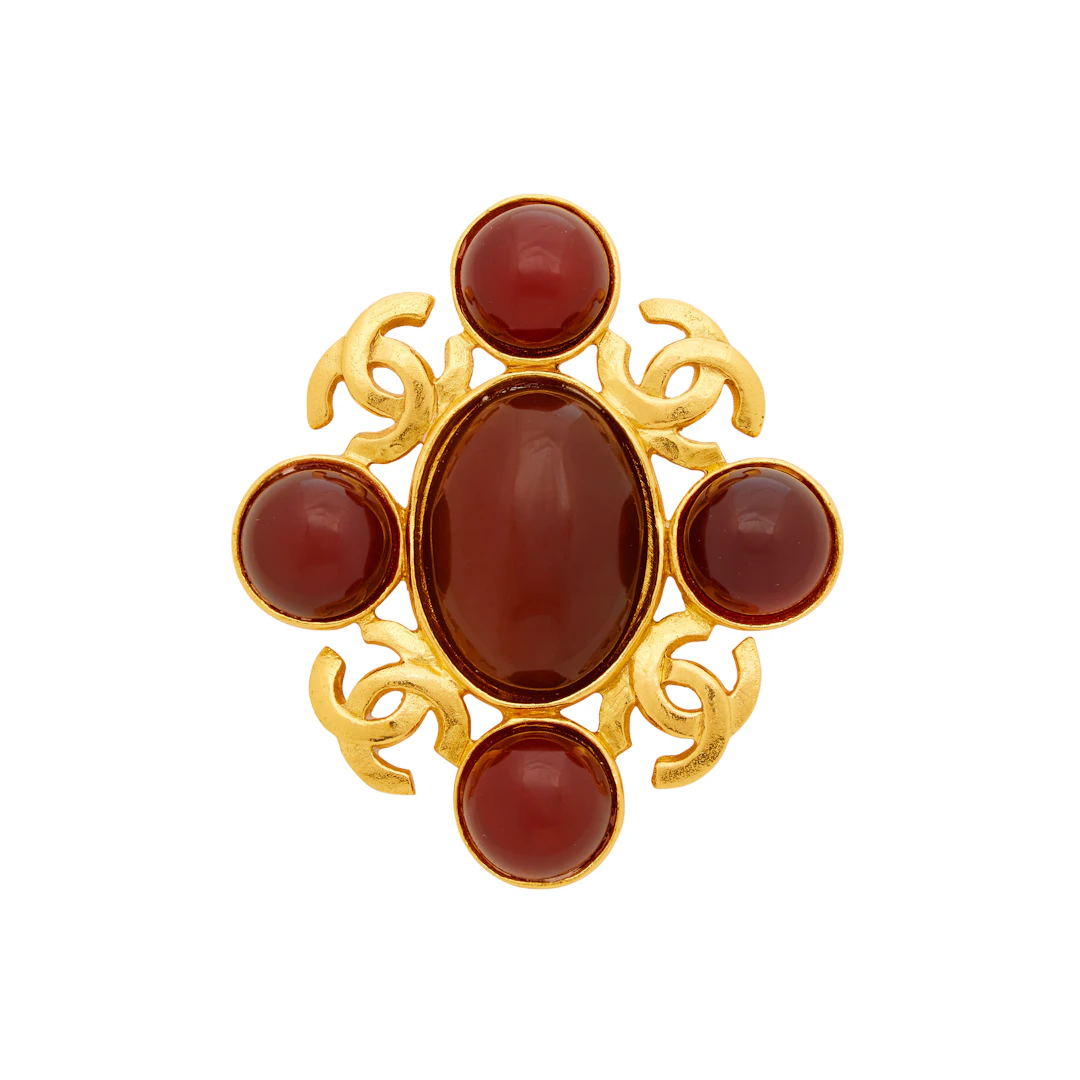 Vintage Red Gripoix and Gold Metal Cabochon Brooch, 1995