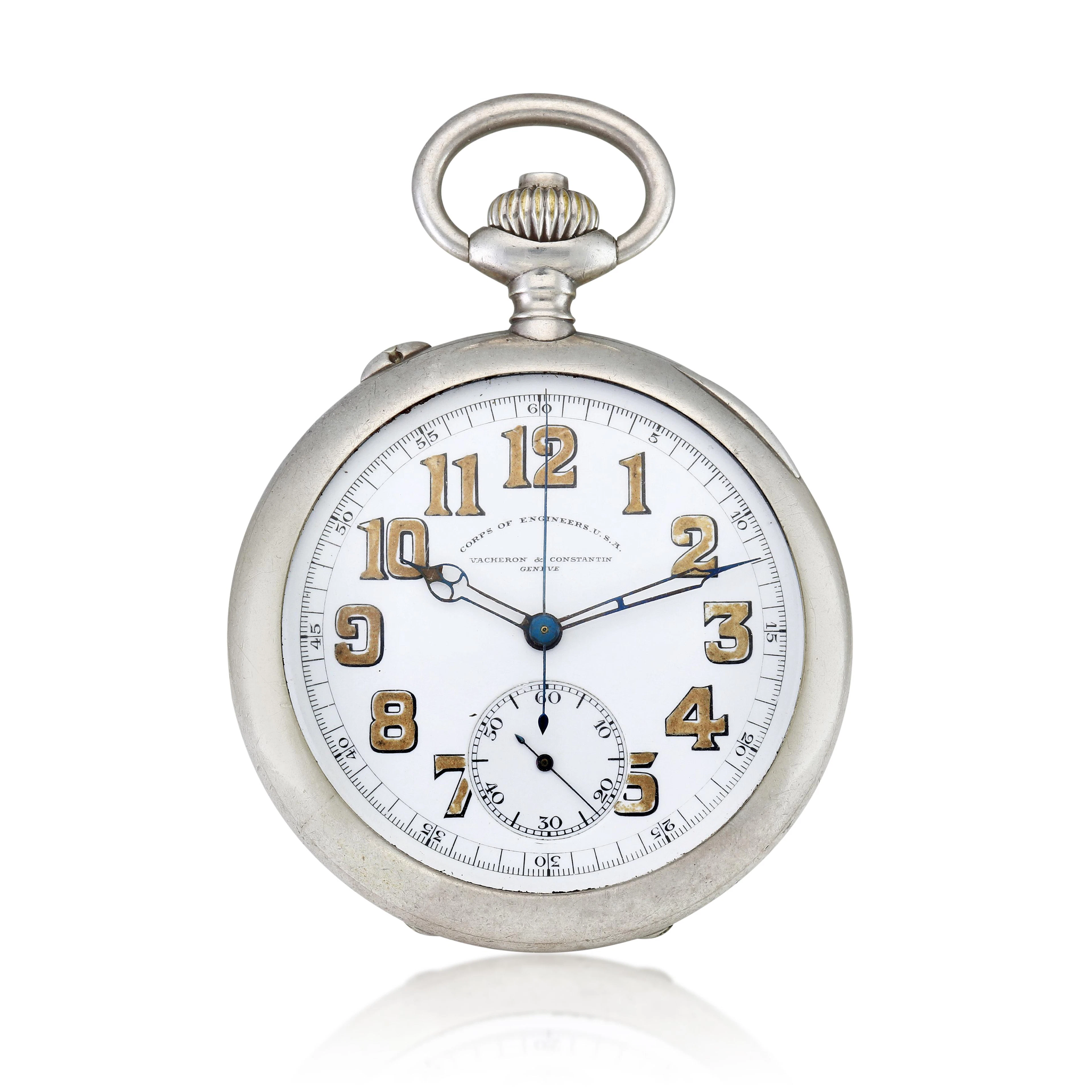 A silver single button chronograph mechanical watch with enamel dial.