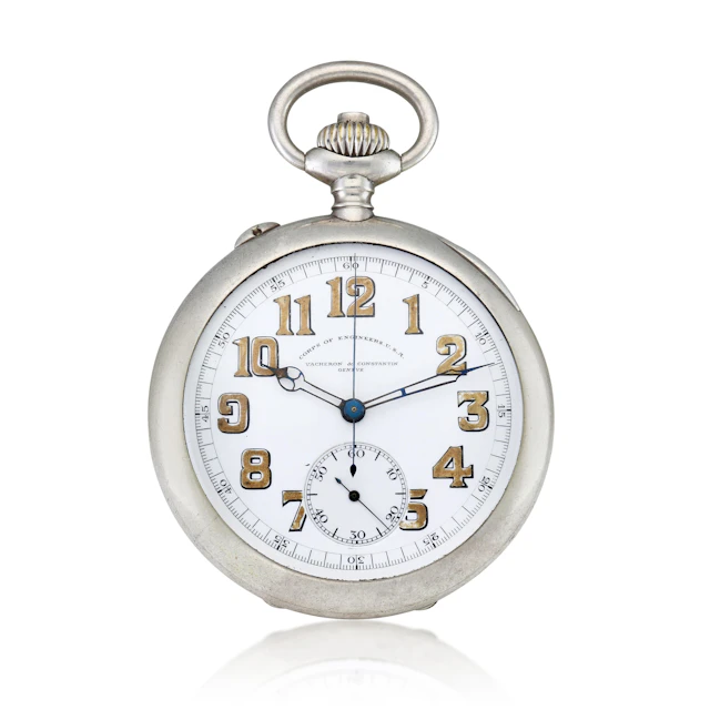 A silver single button chronograph mechanical watch with enamel dial.