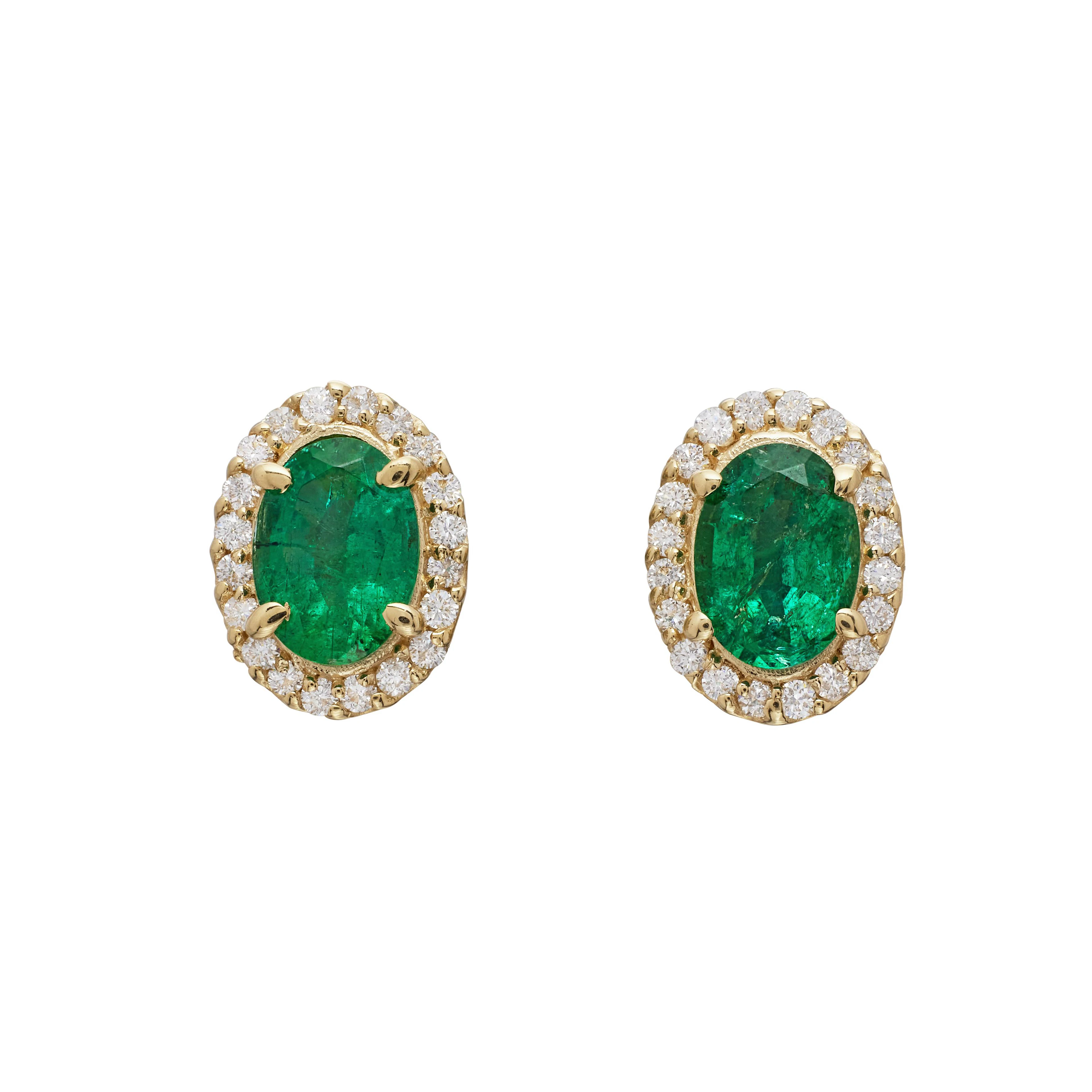 Gold, 2.05ctw Emerald and Diamond Stud Earrings