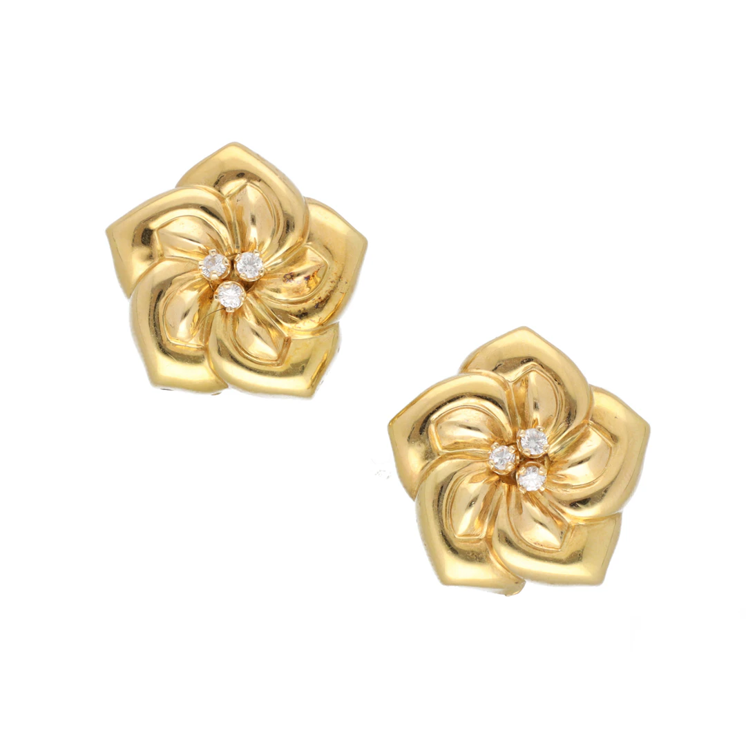 Gold and Diamond Floral Earclips