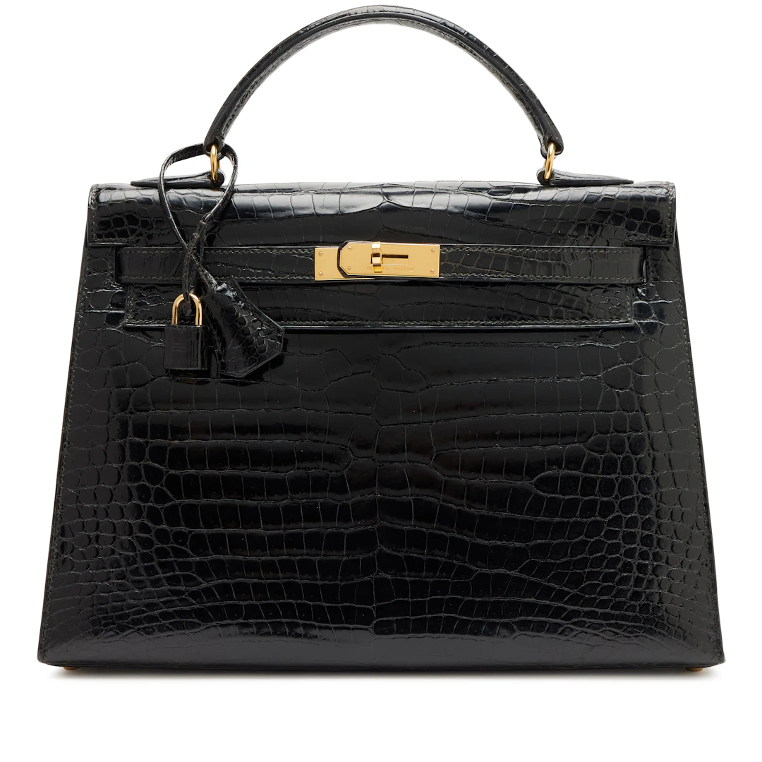 Vintage Black Shiny Porosus Crocodile Sellier Kelly 32 Gold Hardware, 1994