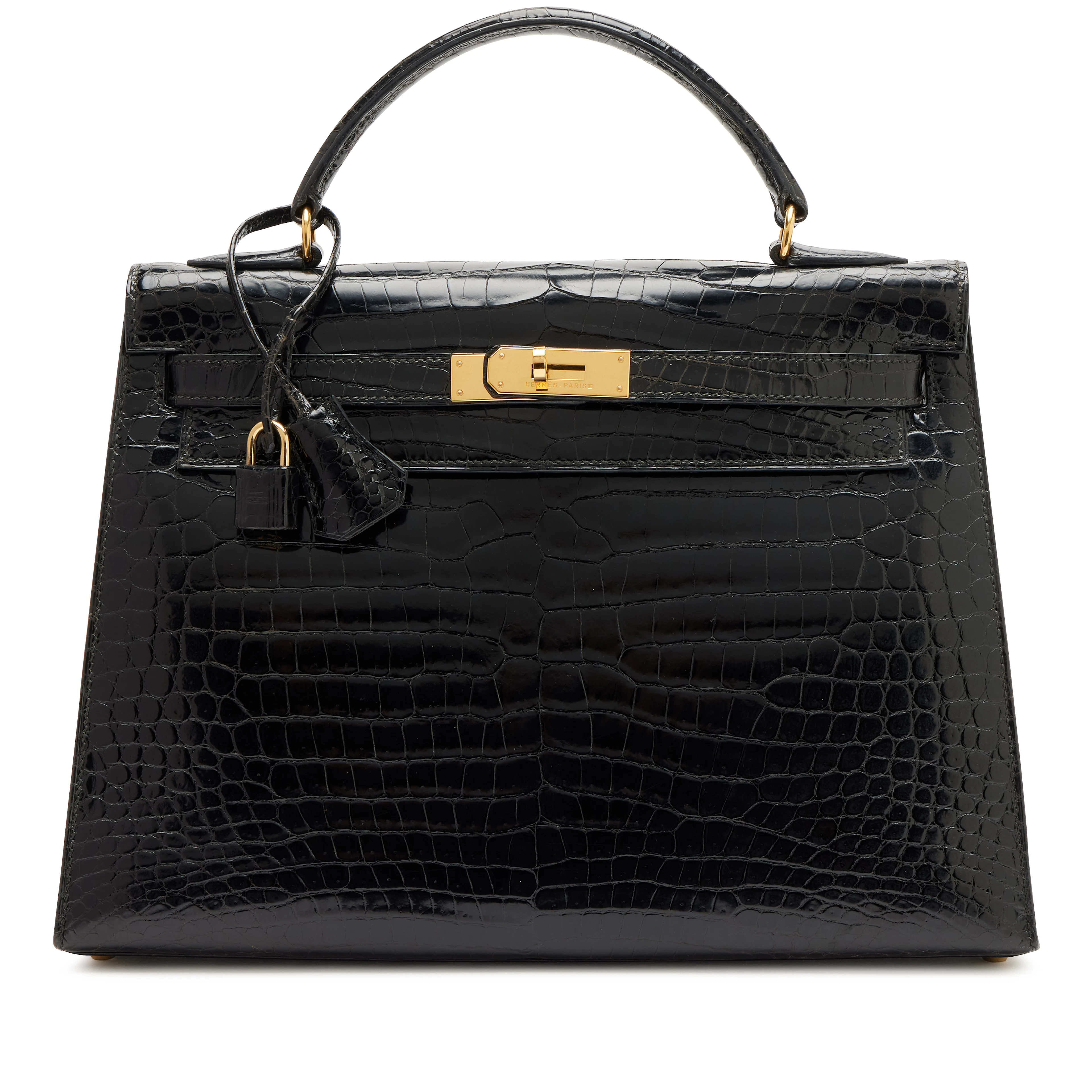 Vintage Black Shiny Porosus Crocodile Sellier Kelly 32 Gold Hardware, 1994