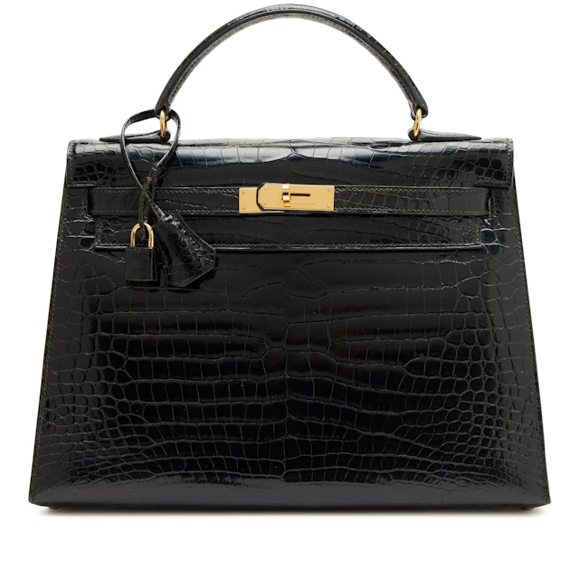 Vintage Black Shiny Porosus Crocodile Sellier Kelly 32 Gold Hardware, 1994
