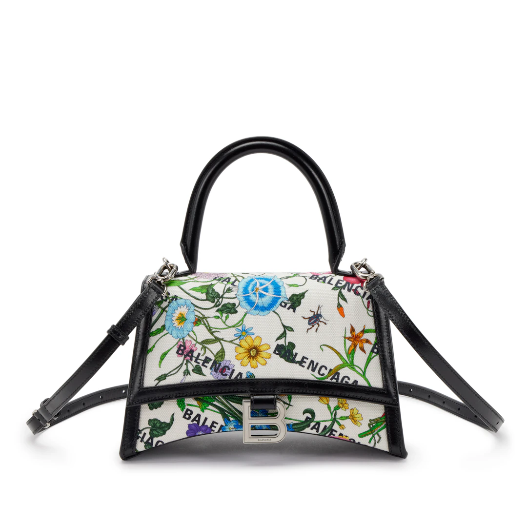 Multicolor Blooms Canvas and Leather Hacker Small Hour Glass Bag Silver