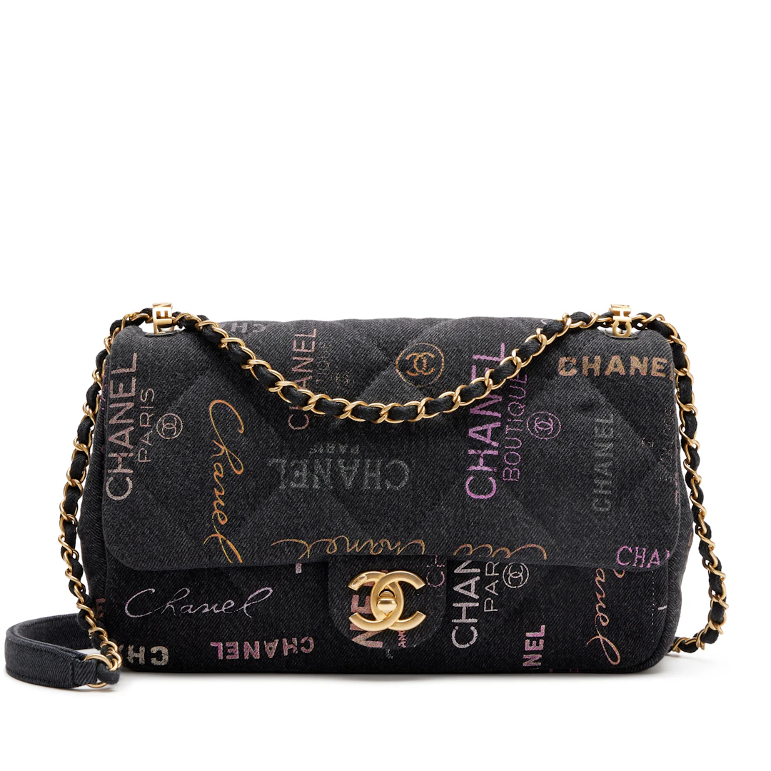 Black Logo Printed Quilted Denim Large Mood Flap Bag Aged Gold Hardware, 2022