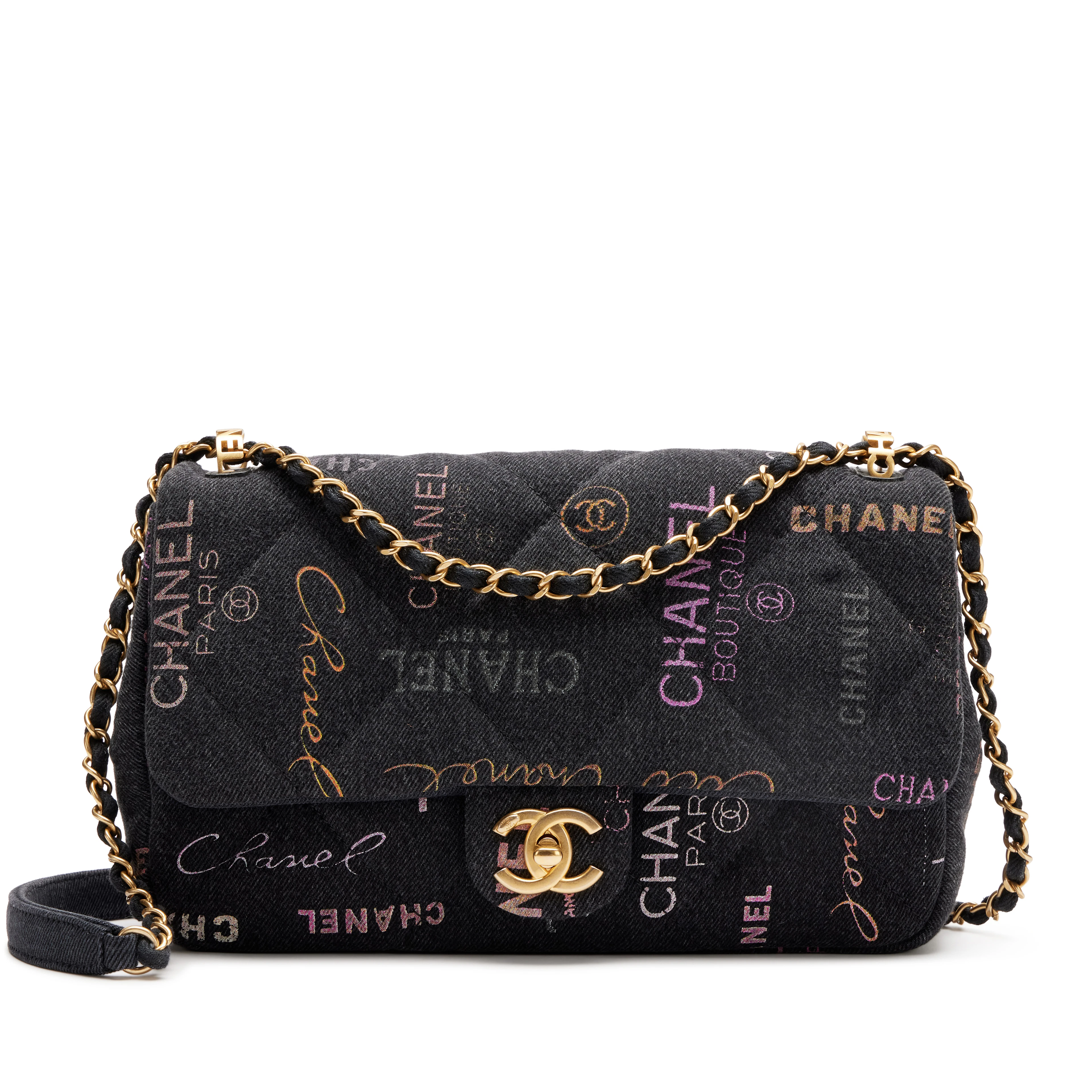 Black Logo Printed Quilted Denim Large Mood Flap Bag Aged Gold Hardware, 2022