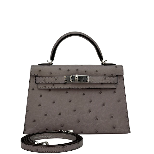 Gris Mouette Ostrich Mini Kelly 20 II Palladium Hardware, 2026