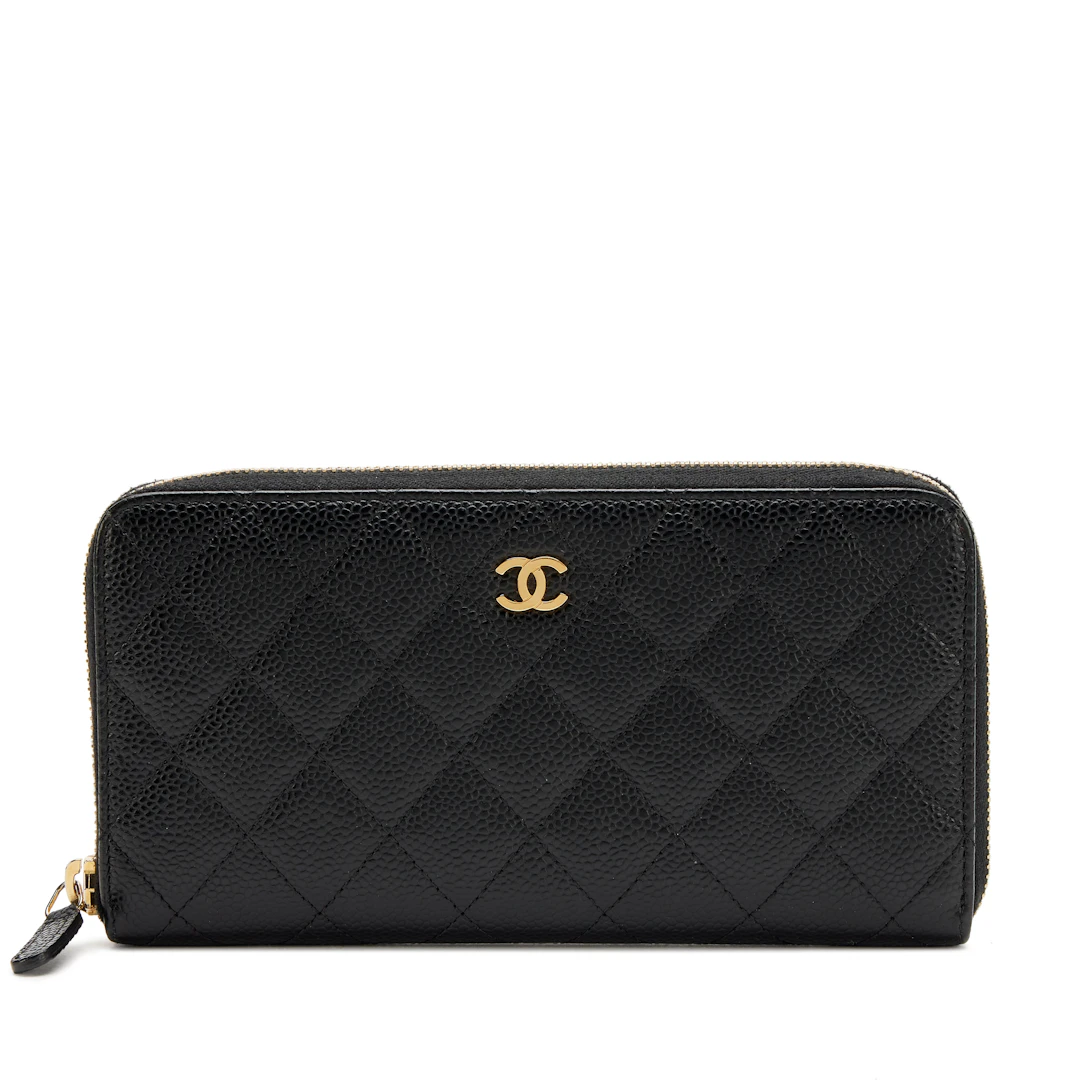 Black Quilted Caviar Classic Long Zip Around Wallet Gold Hardware, 2014