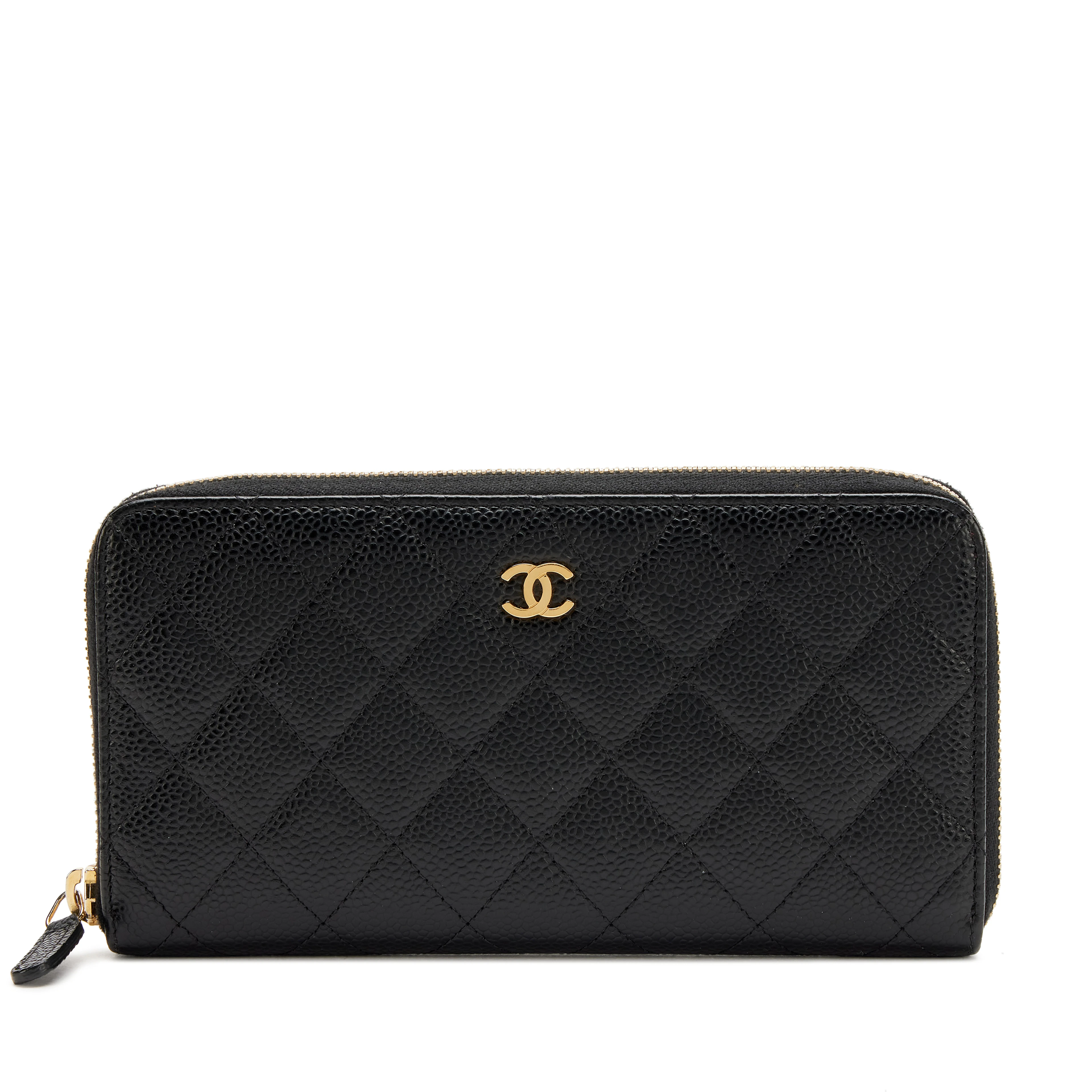 Black Quilted Caviar Classic Long Zip Around Wallet Gold Hardware, 2014