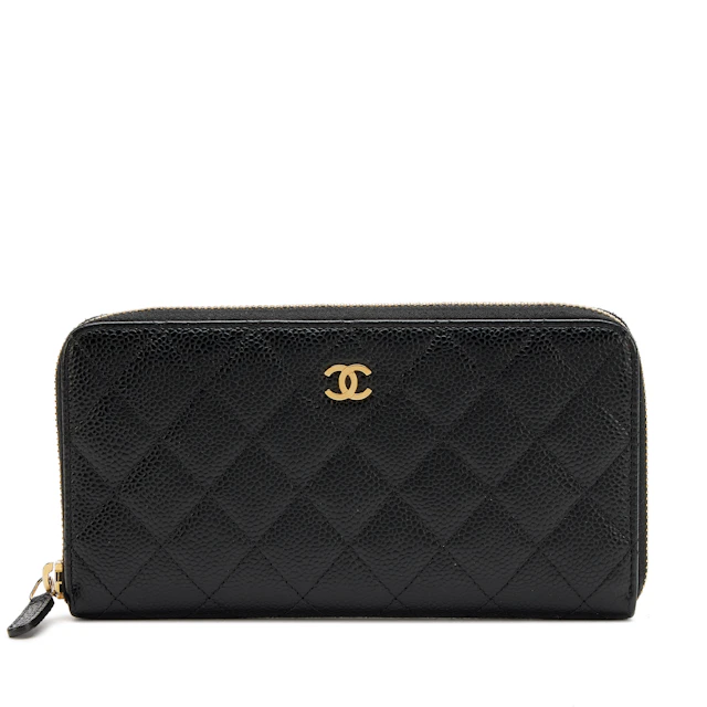 Black Quilted Caviar Classic Long Zip Around Wallet Gold Hardware, 2014
