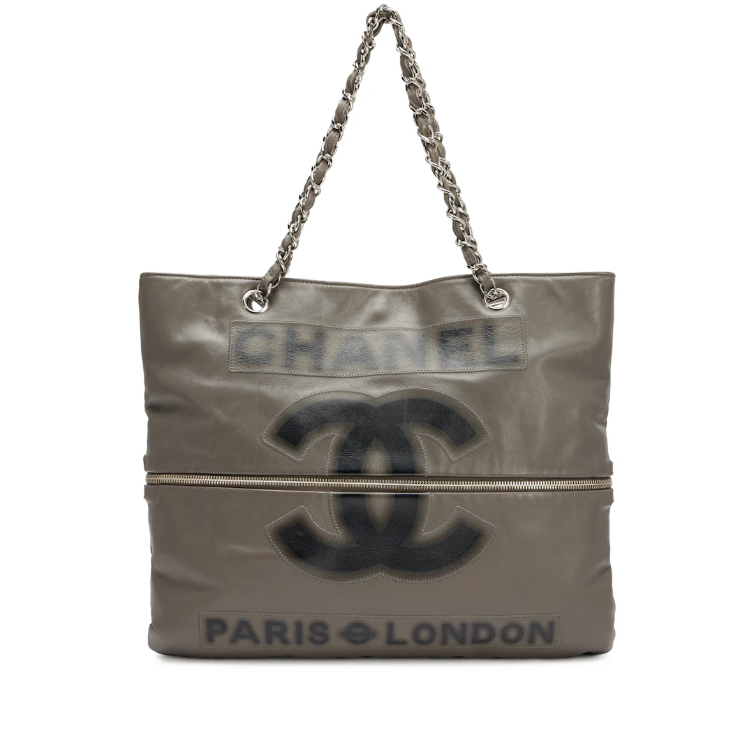 Grey Calfskin Large Expandable Paris London Tote Bag Silver Hardware, 2008
