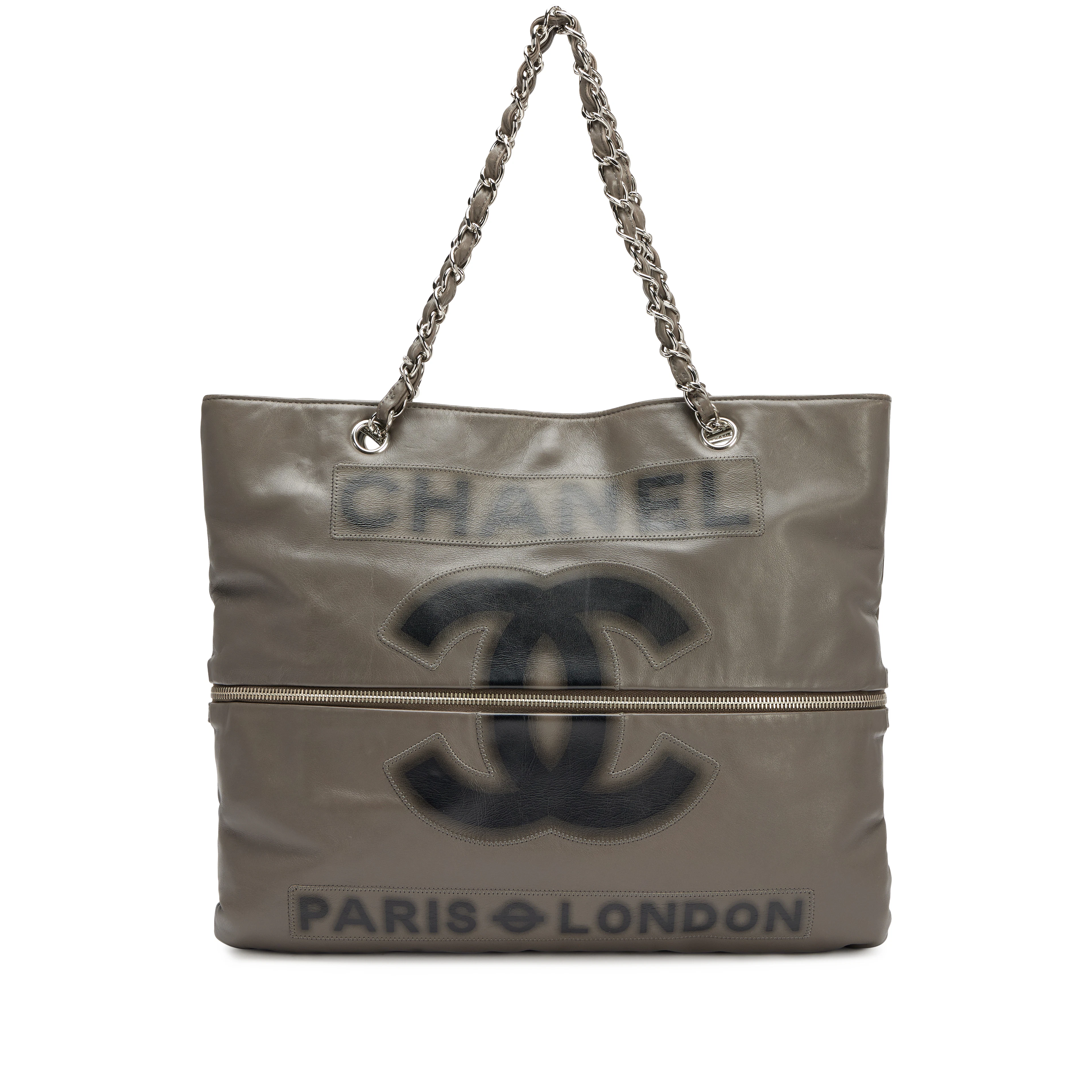 Grey Calfskin Large Expandable Paris London Tote Bag Silver Hardware, 2008