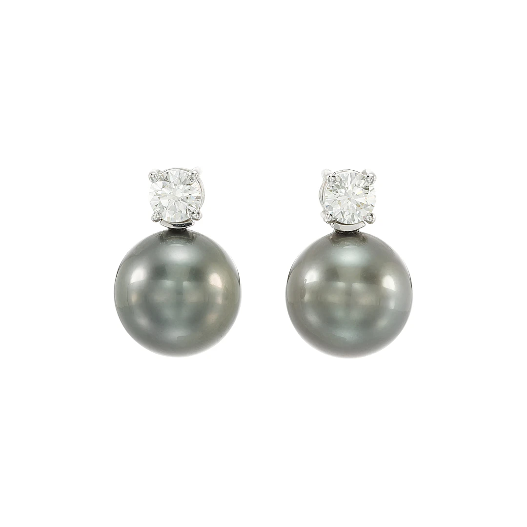 White Gold, Cultured Tahitian Pearl and Diamond Studs