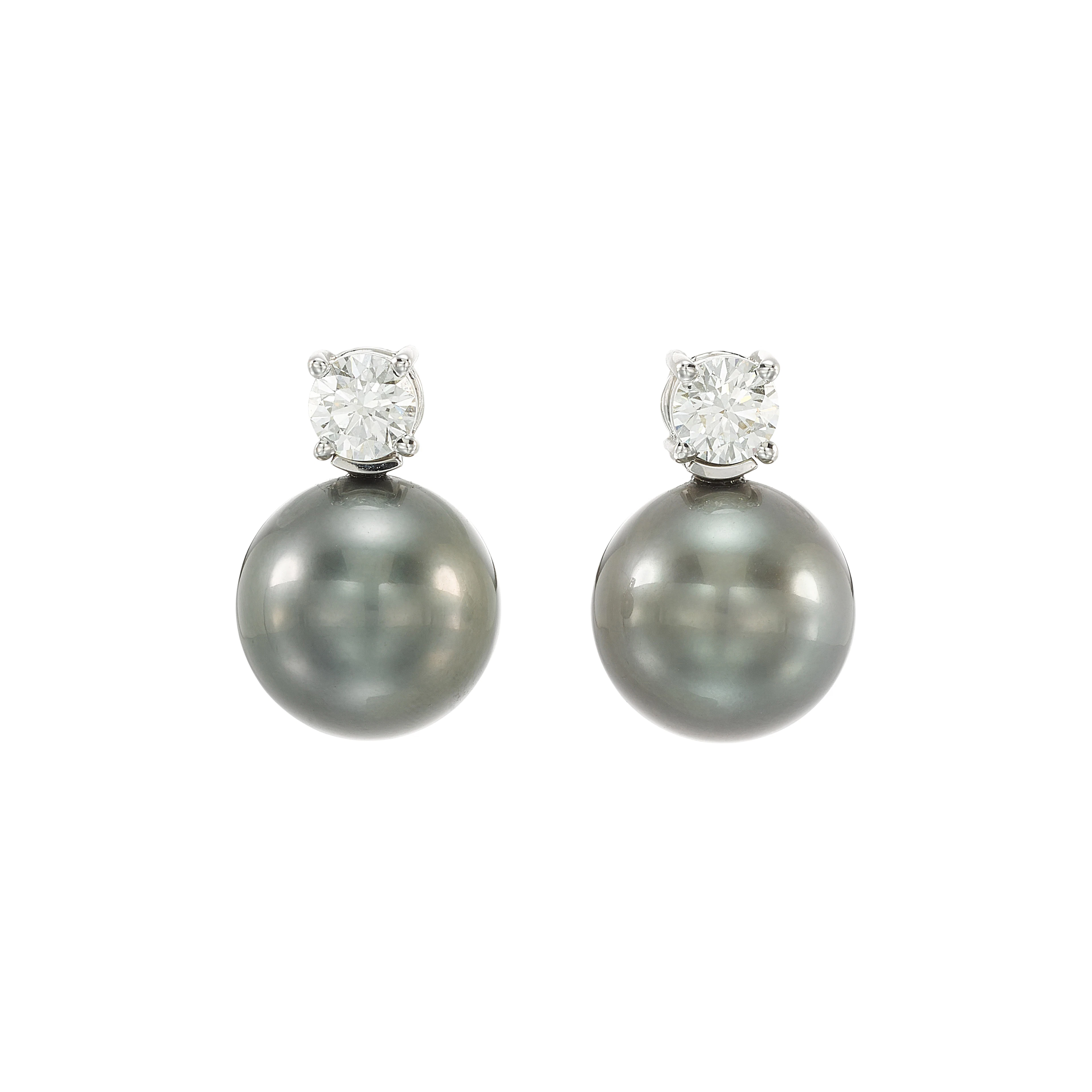White Gold, Cultured Tahitian Pearl and Diamond Studs