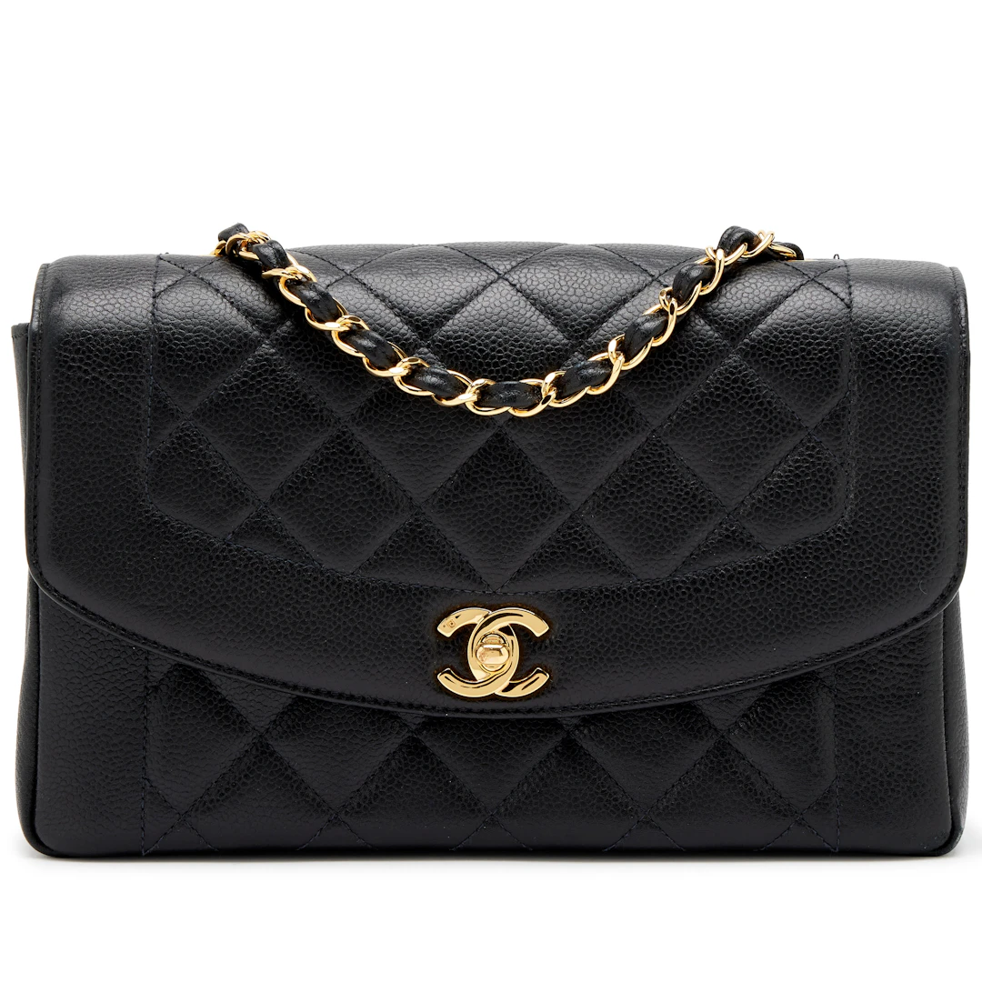 Vintage Black Quilted Caviar Medium Diana Flap Bag Gold Hardware, 1997-1999