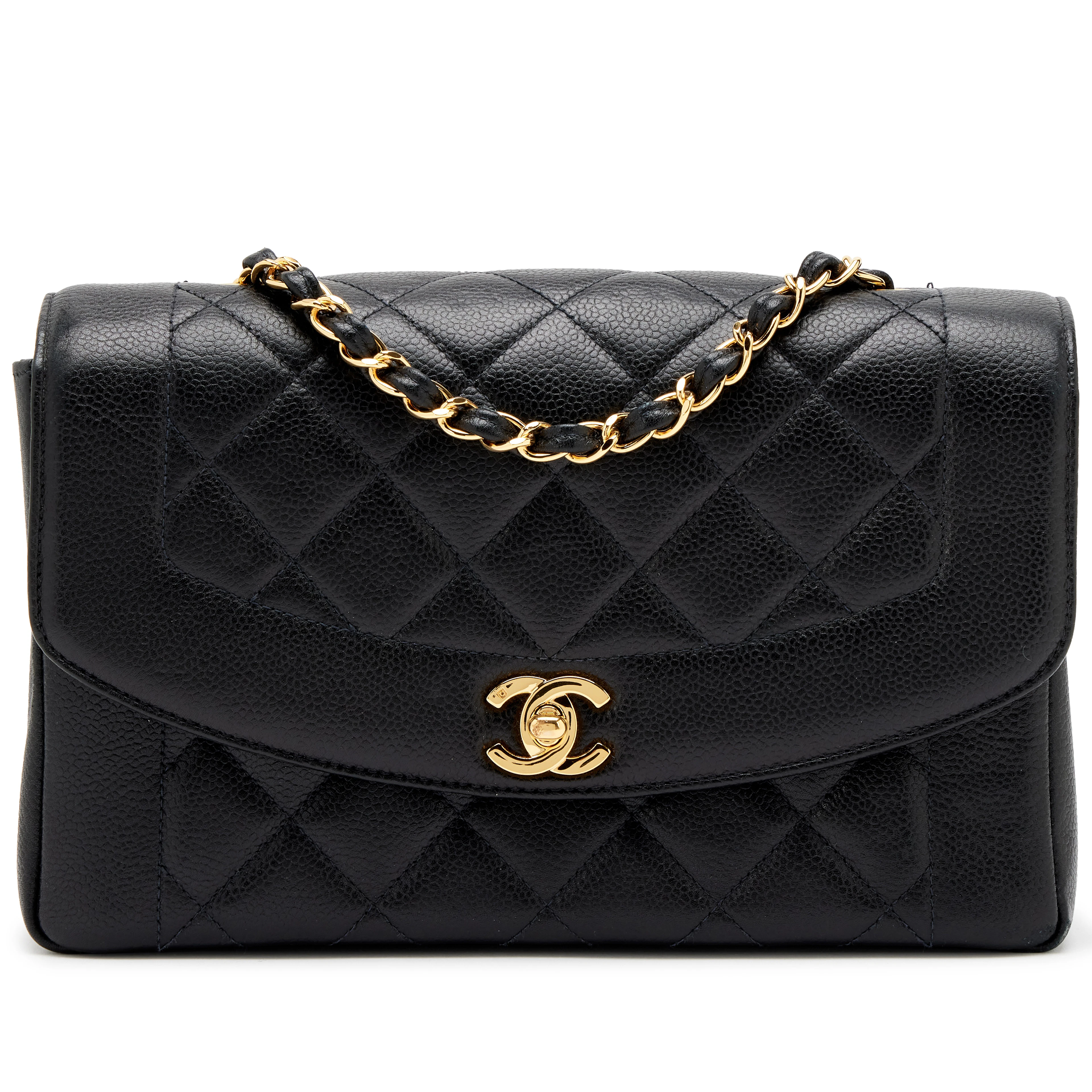 Vintage Black Quilted Caviar Medium Diana Flap Bag Gold Hardware, 1997-1999