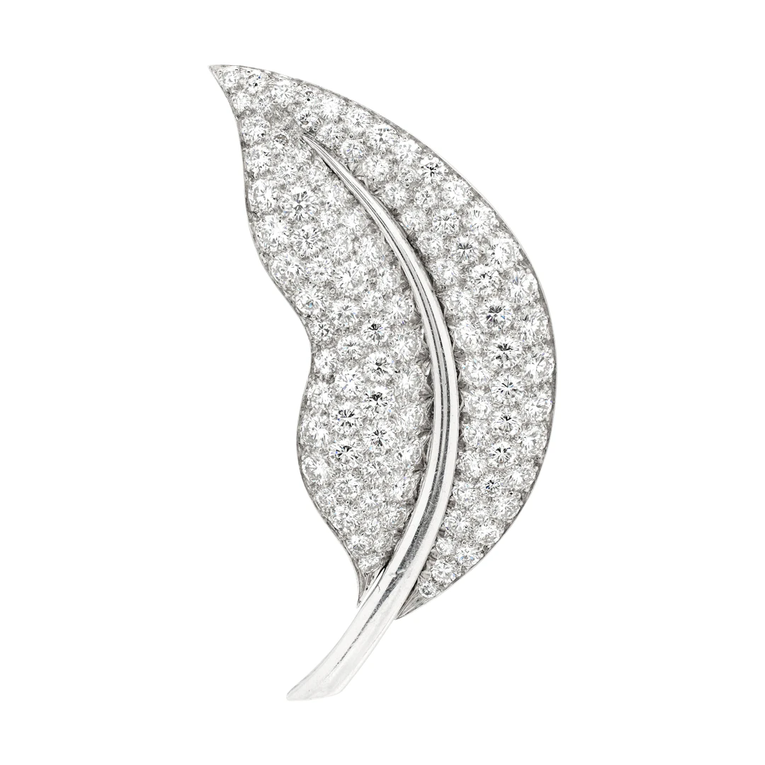 Vintage White Gold and Diamond Medium Leaf Brooch