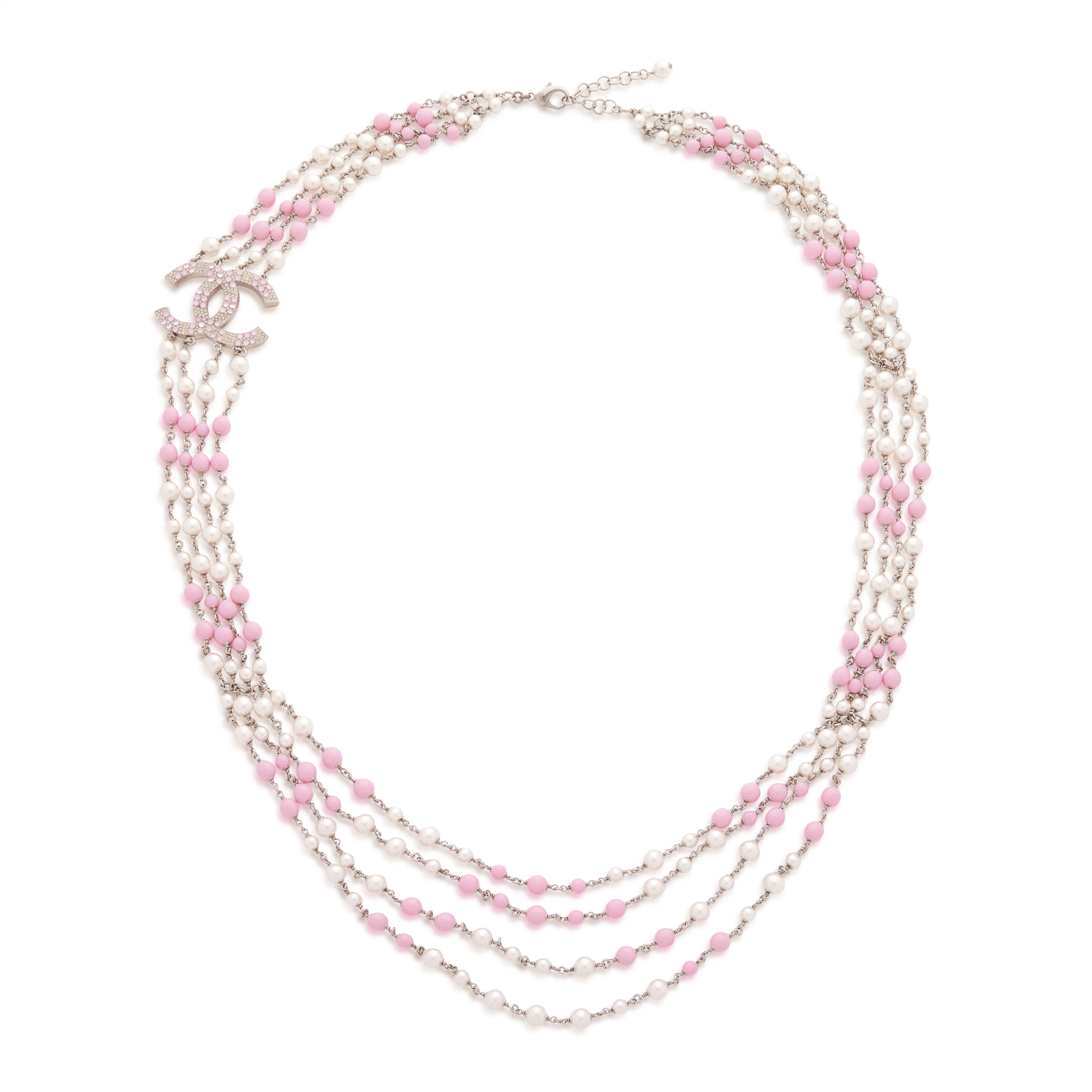 Pink Strass and Imitation Pearl CC Long Necklace, 2022