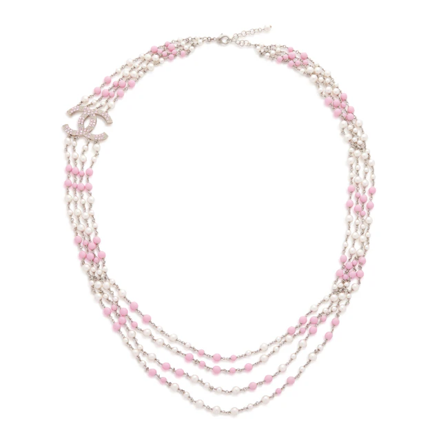 Pink Strass and Imitation Pearl CC Long Necklace, 2022