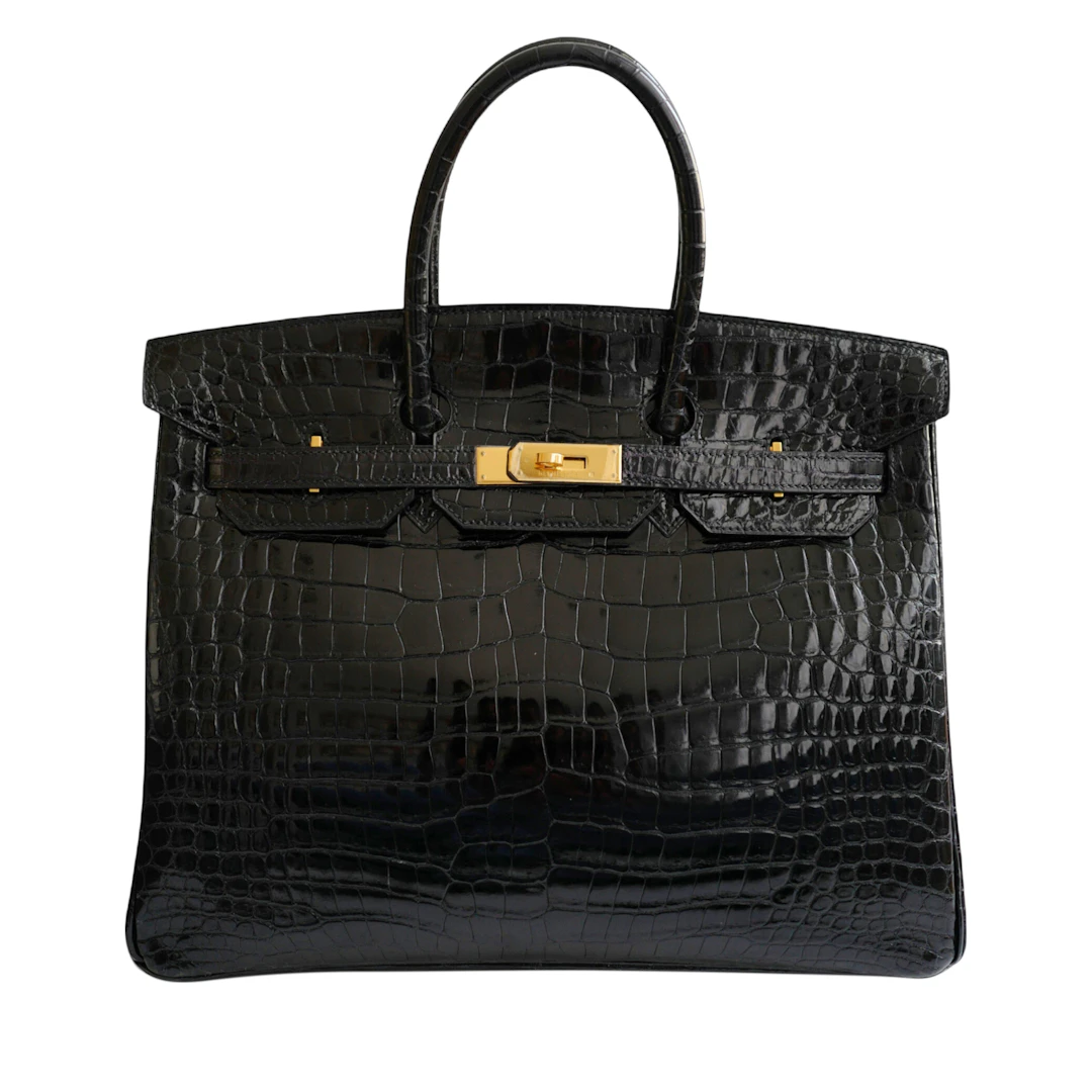Vintage Black Shiny Porosus Crocodile Birkin 35 Gold Hardware, 2000